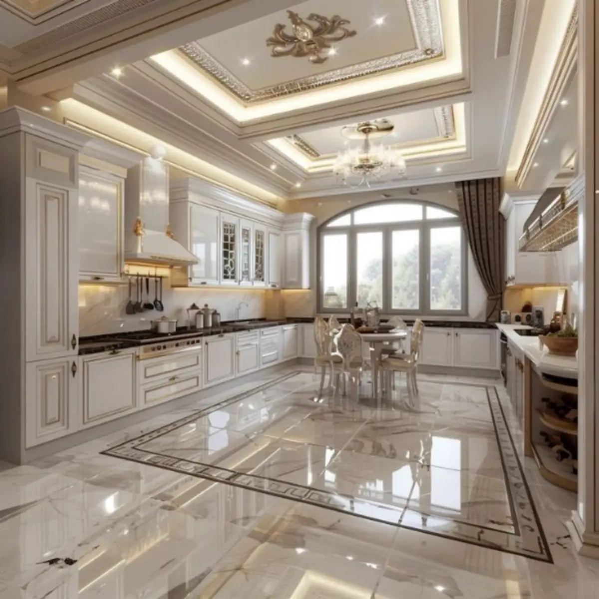 کابینت نئوکلاسیک سفید طلایی با کفپوش سرامیکی سفید