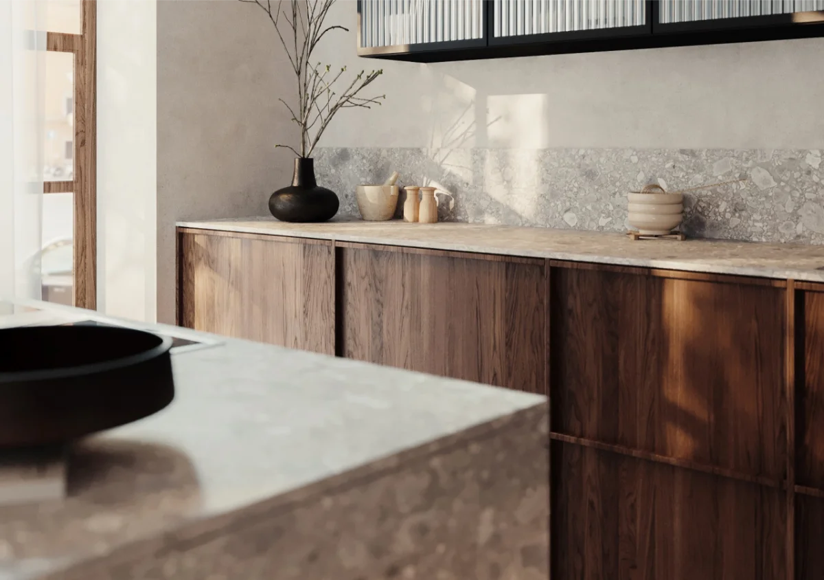 نمای نزدیک از کابینت چوب گردو با بافت طبیعی و طراحی مینیمال