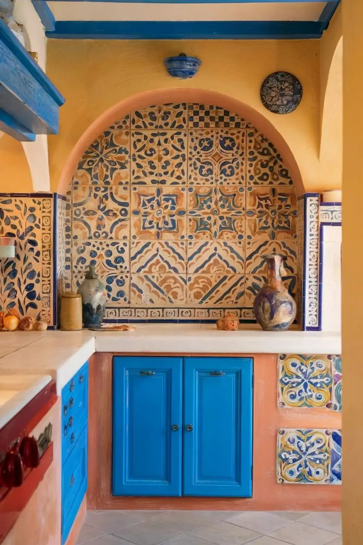 آشپزخانه مراکشی با کابینت آبی و دیوار زرد و کاشی رنگی