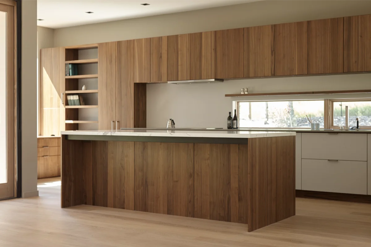 کابینت و جزیره مدرن چوبی قهوه‌ای