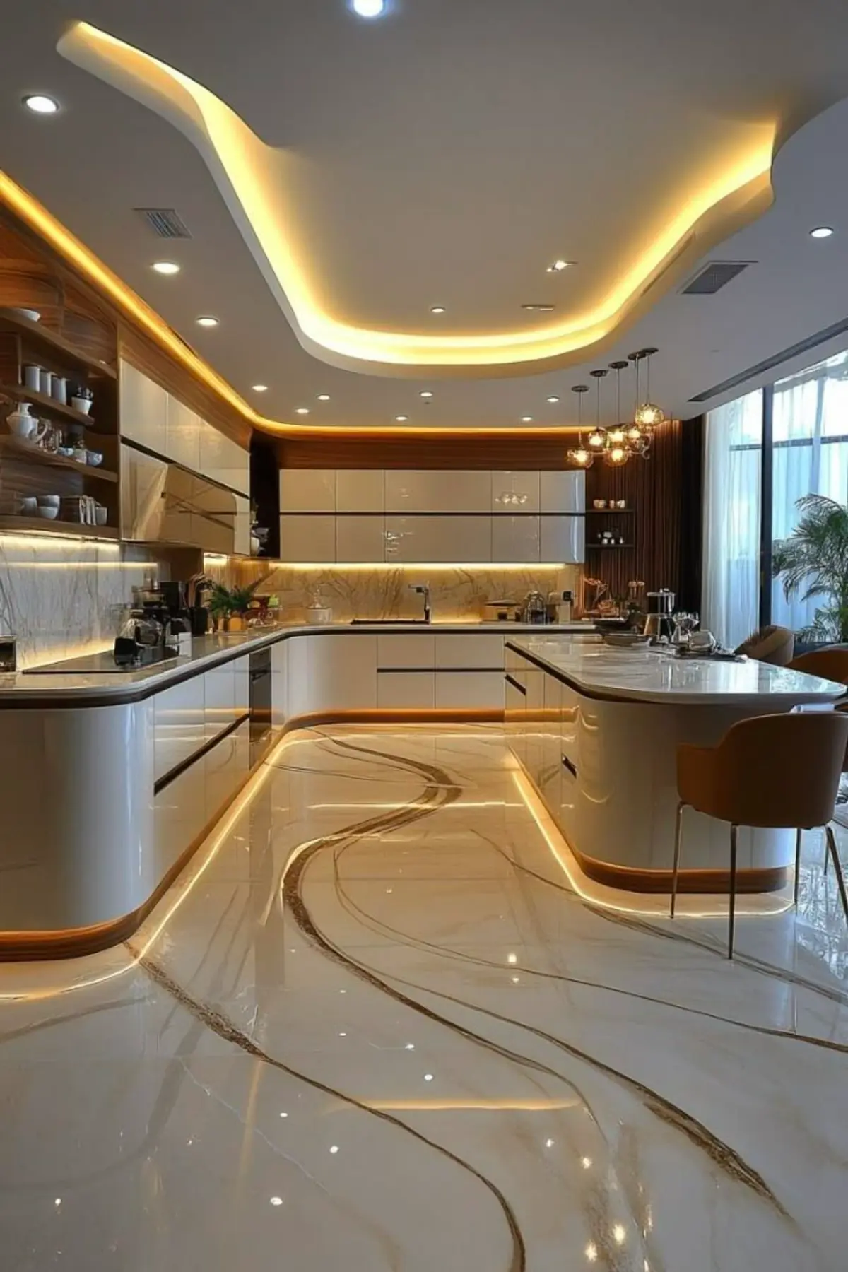 کابینت هایگلاس سفید بدون دستگیره با نورپردازی زیرکابینتی زرد و نورپردازی مخفی در سقف