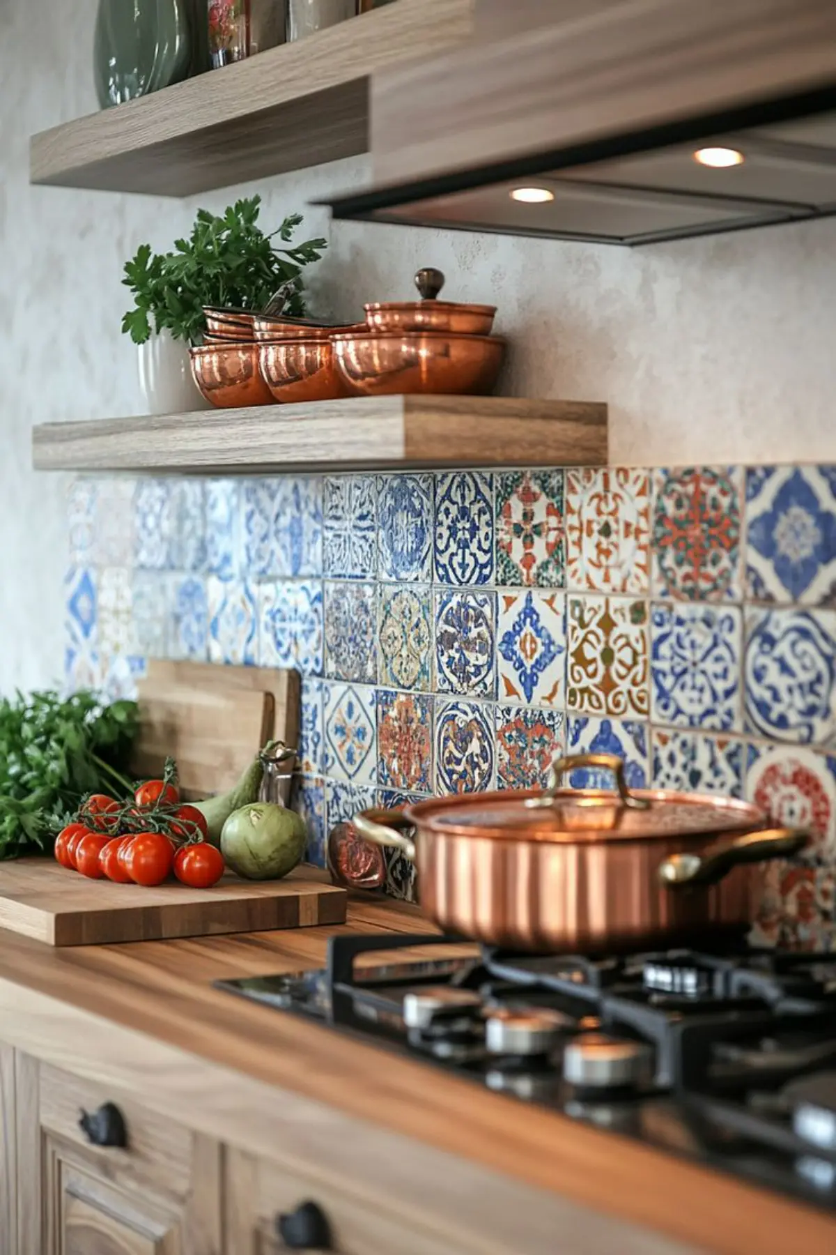 کاشی بین‌کابینتی آبی با کابینت چوبی و ظروف مسی