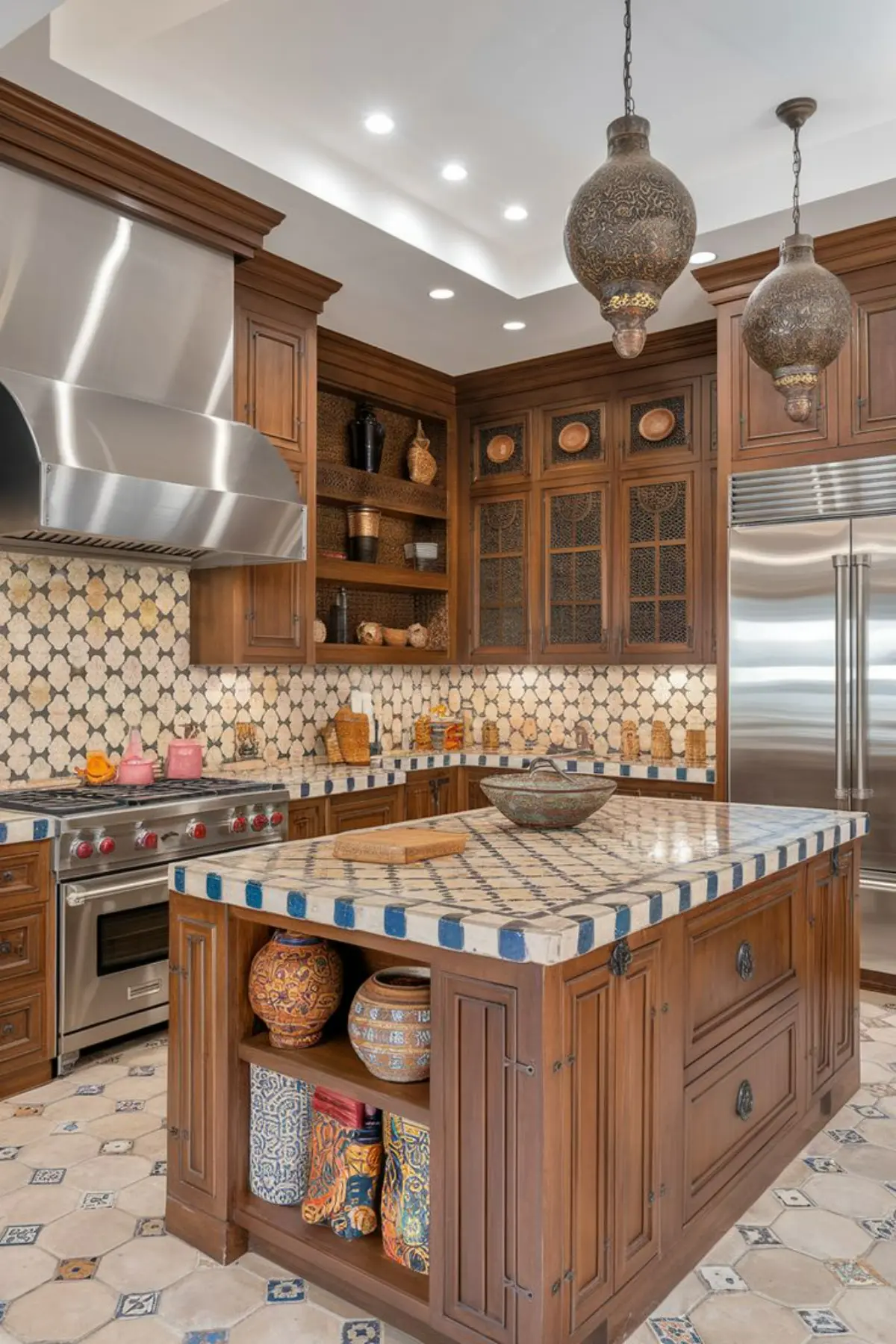 کابینت و جزیره چوبی نئوکلاسیک با صفحات کابینت سنگی سفید آبی