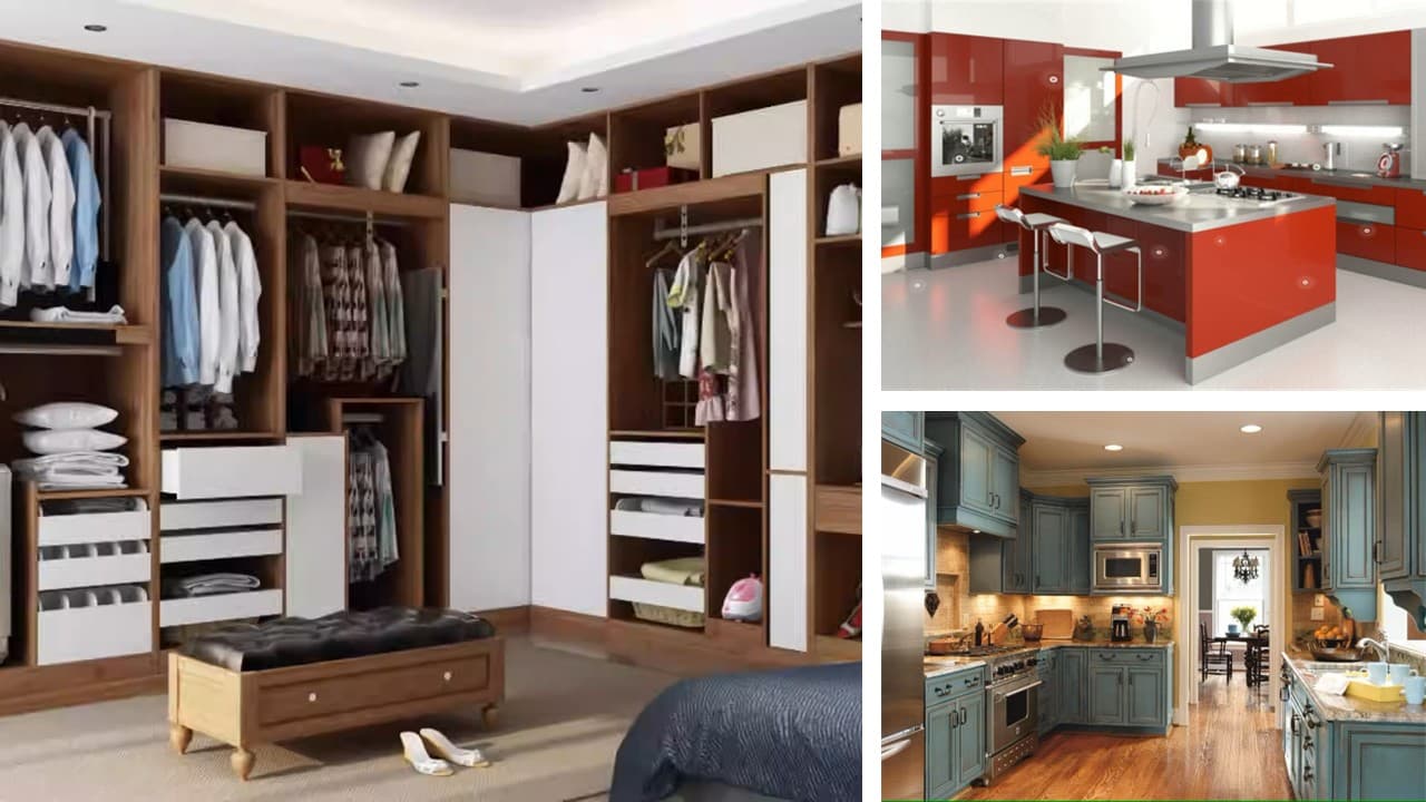 سه مدل کابینت هایگلاس قرمز مدرن، کابینت نئوکلاسیک آبی و کمد دیواری مدرن سفید چوبی