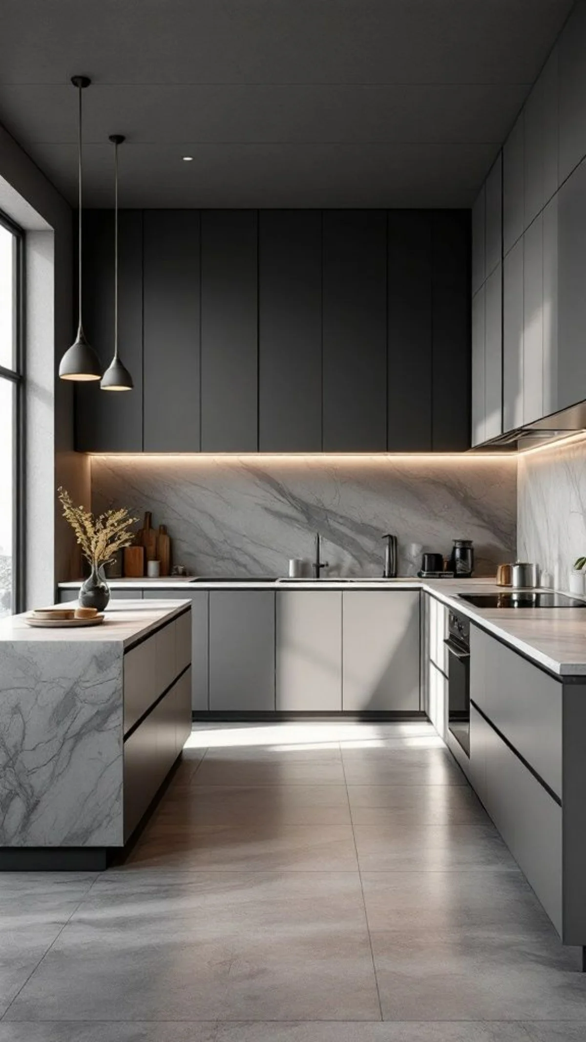 ترکیب کابینت ام دی اف طوسی روشن و تیره و صفحات سنگی سفید مشکی