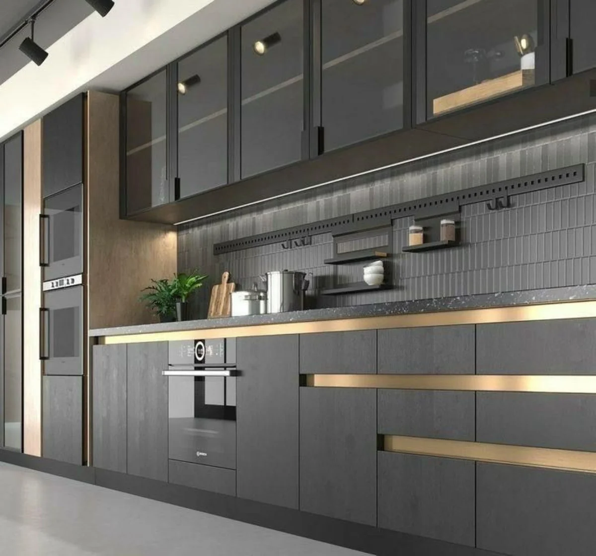 کابینت ام دی اف طوسی طلایی با درب شیشه‌ای