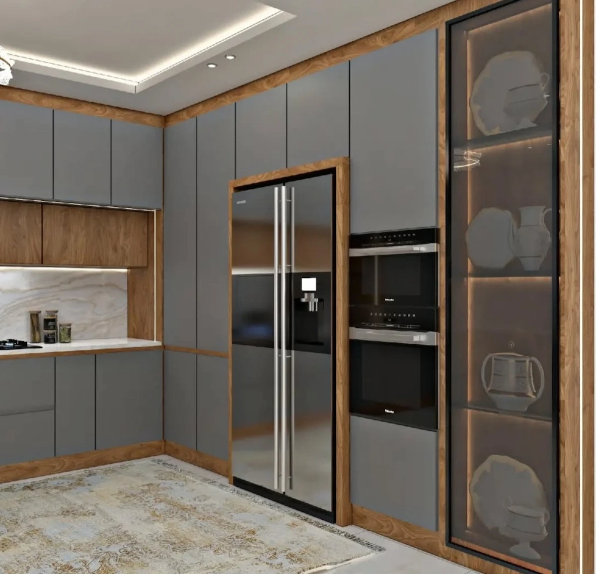 کابینت مدرن طوسی با قاب‌بندی چوبی
