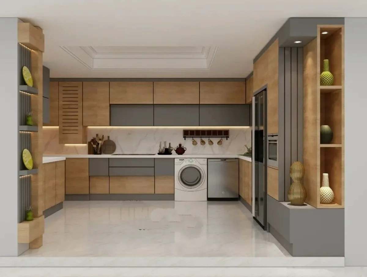 آشپزخانه با کابینت ام دی اف طوسی و چوب با کفپوش سفید