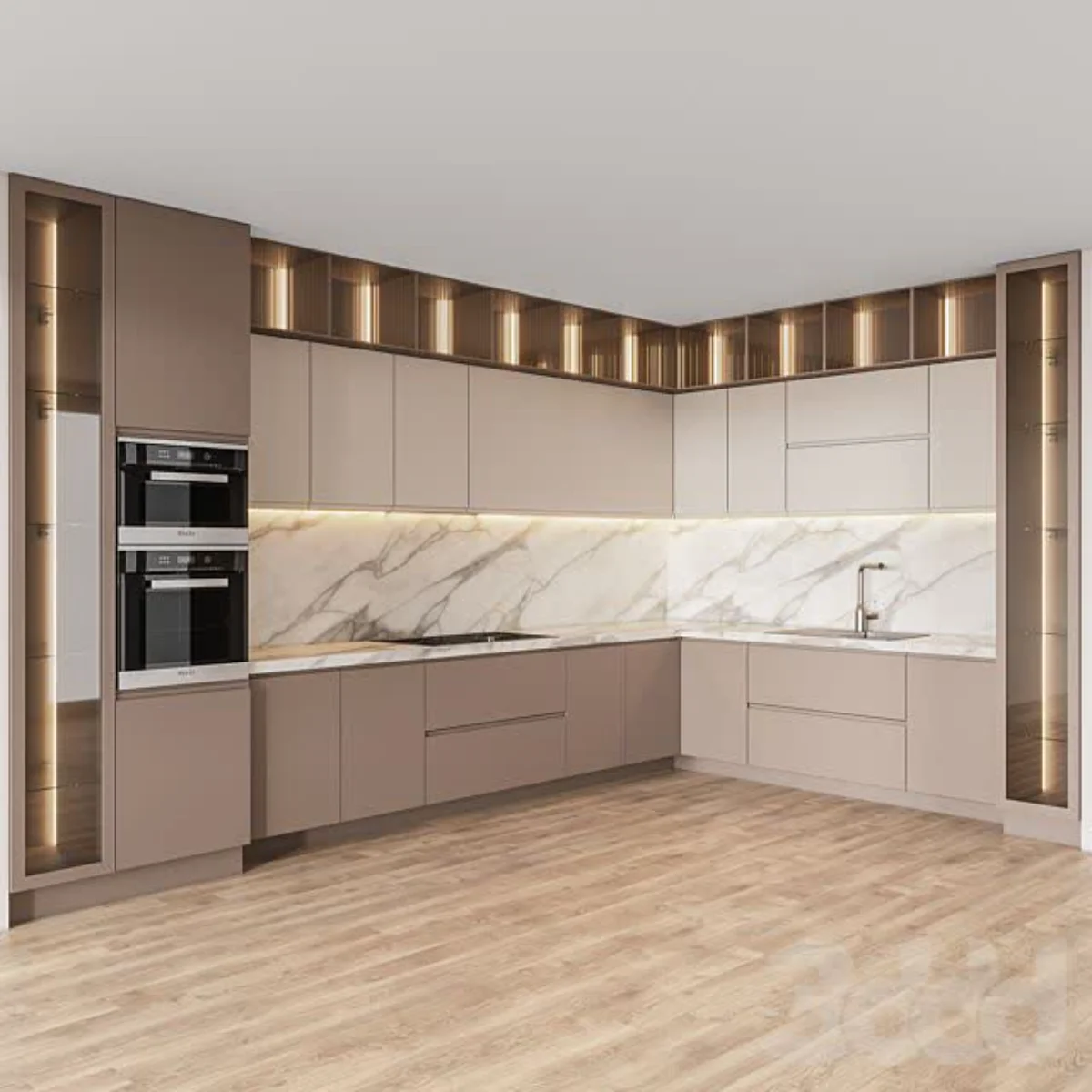 کابینت موس موکایی با بین‌کابینتی سفید کرم