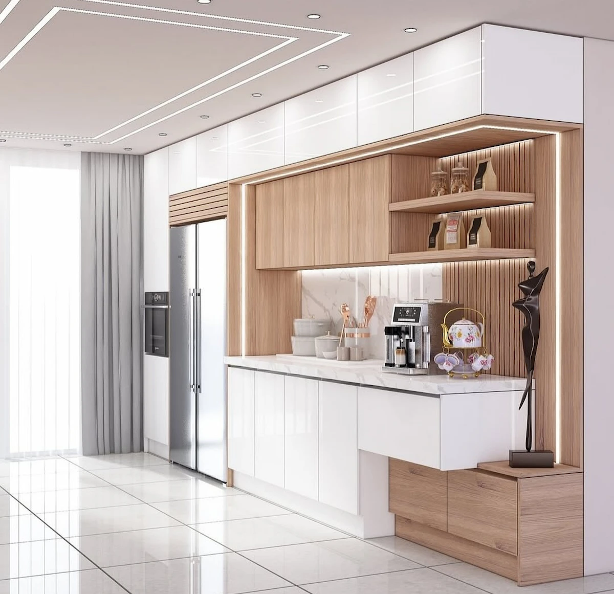 کابینت مدرن سفید قهوه‌ای با شلف چوبی