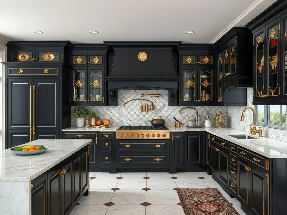 کابینت ممبران مشکی کلاسیک با دستگیره و منبت‌کاری‌های طلایی و کفپوش سفید طلایی