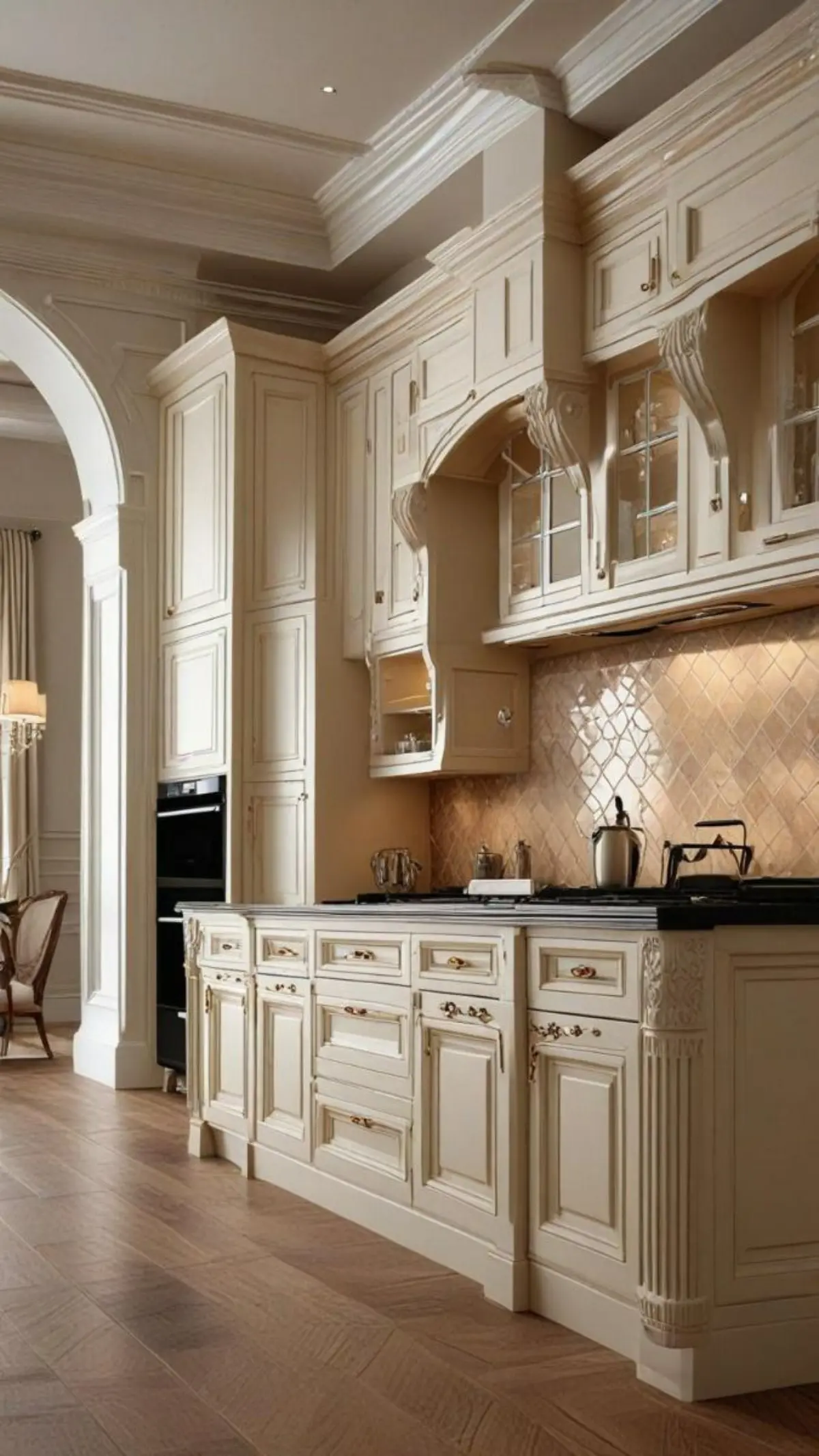 کابینت و جزیره ممبران کرم با منبت‌کاری طلایی