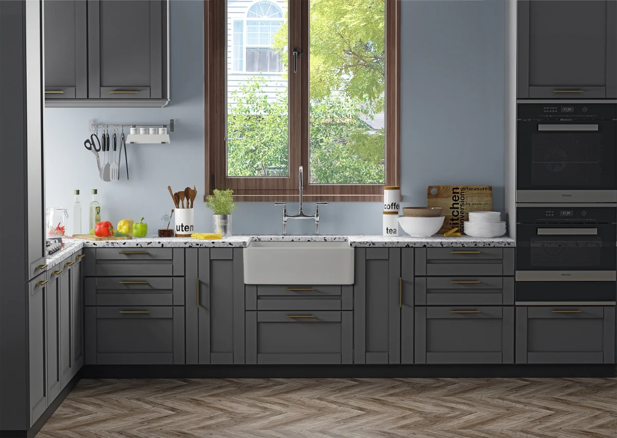 کابینت نئوکلاسیک ممبران طوسی با دستگیره های طلایی و سنگ مشکی