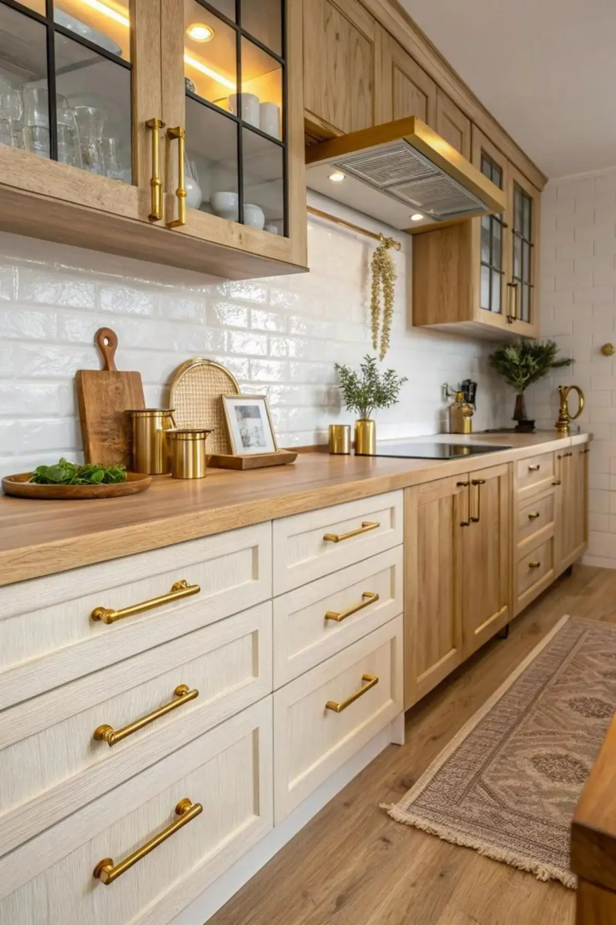 دستگیره طلایی کابینت چوبی قهوه‌ای و سفید نئوکلاسیک