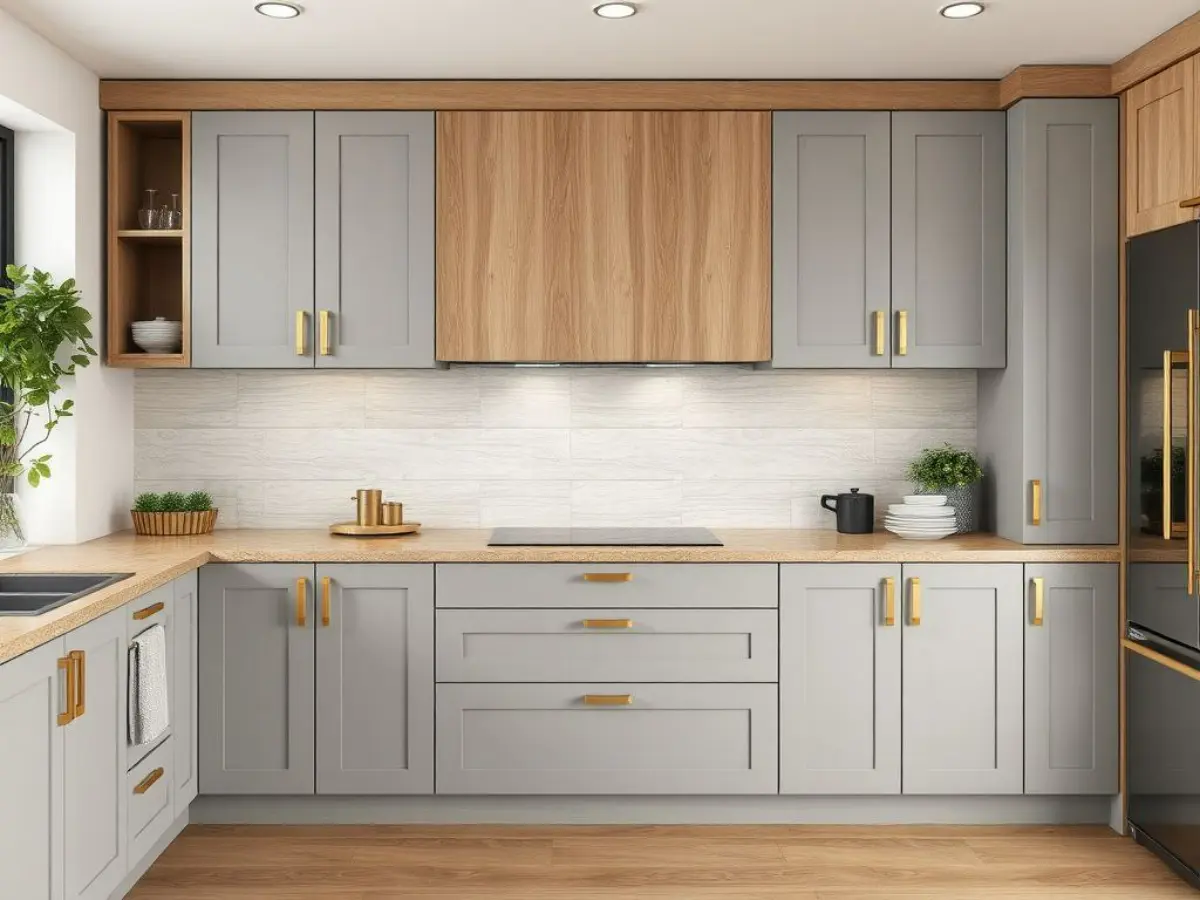 کابینت نئوکلاسیک طوسی چوبی با دستگیره طلایی و صفحه کابینت چوبی