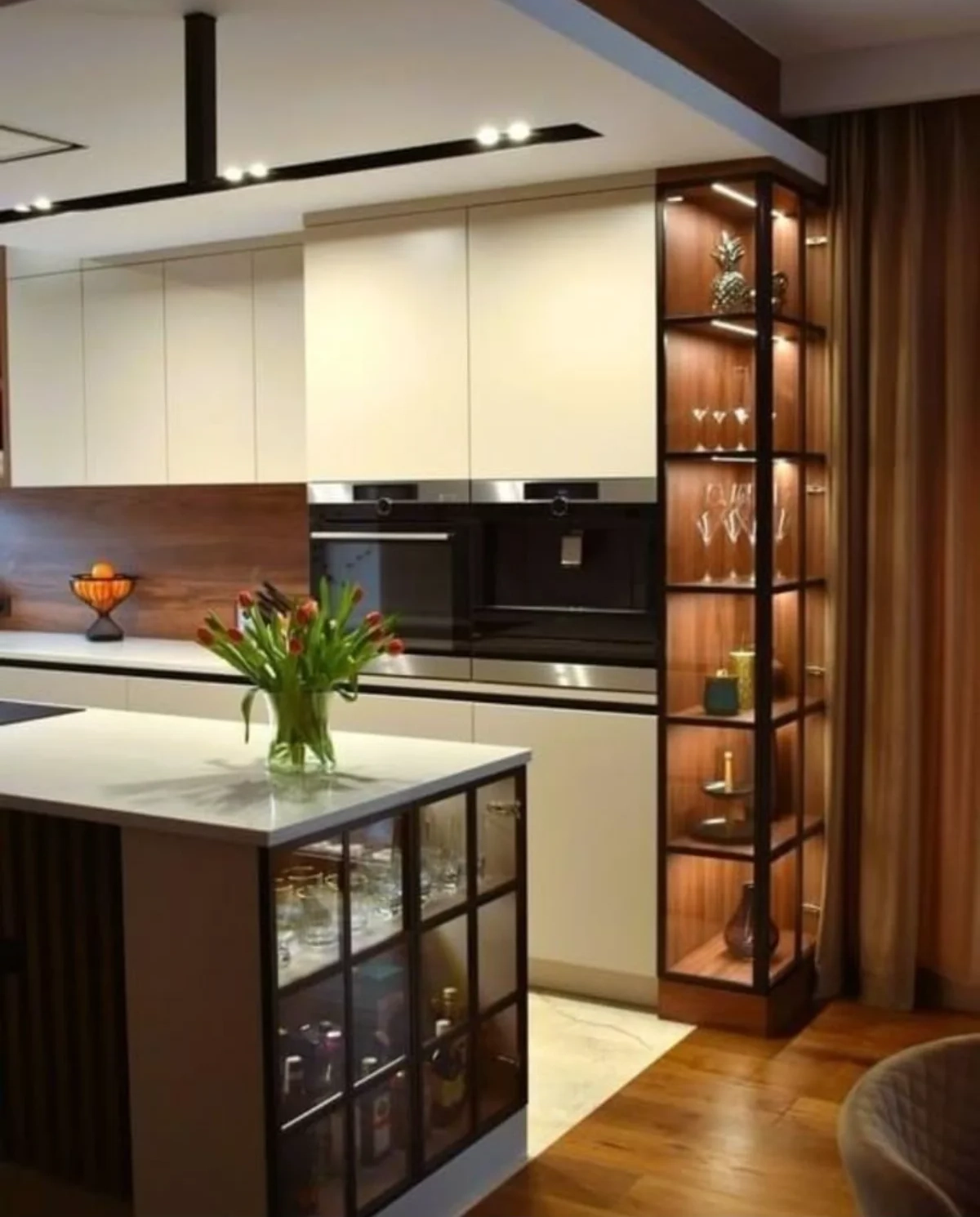 کابینت ام دی اف مدرن سفید بدون دستگیره با جزیره درب ویترینی مشکی