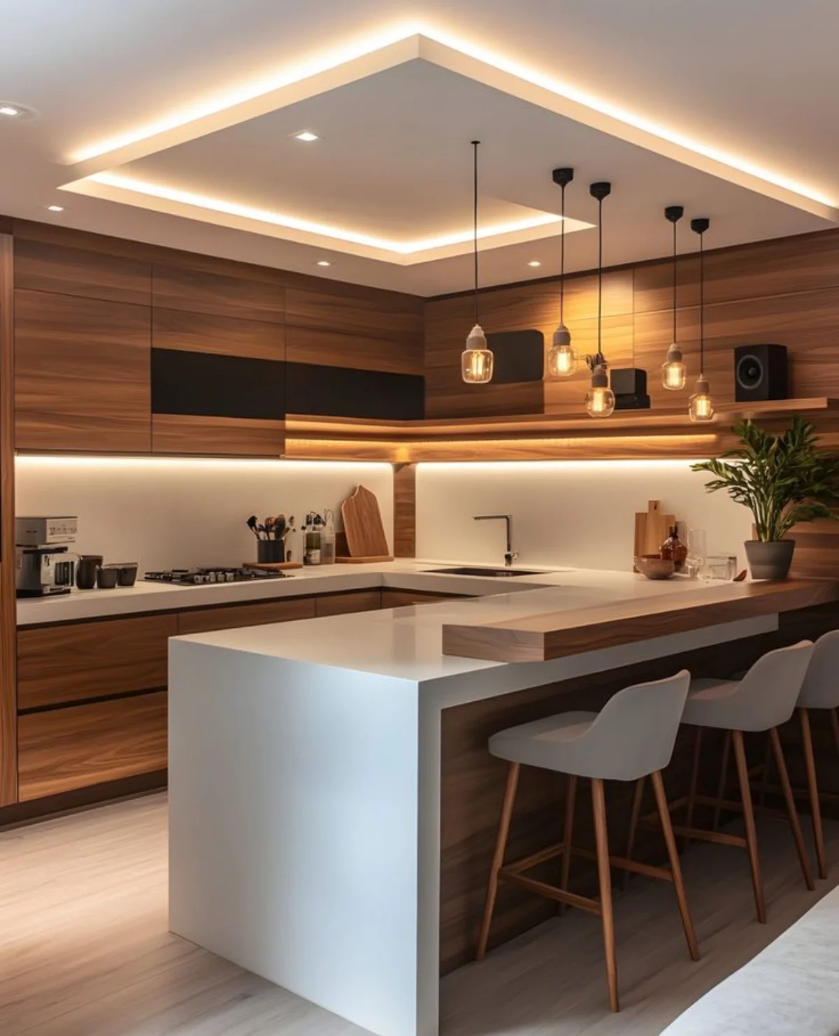 کابینت مدرن طرح چوب قهوه‌ای با جزیره سفید بدون دستگیره