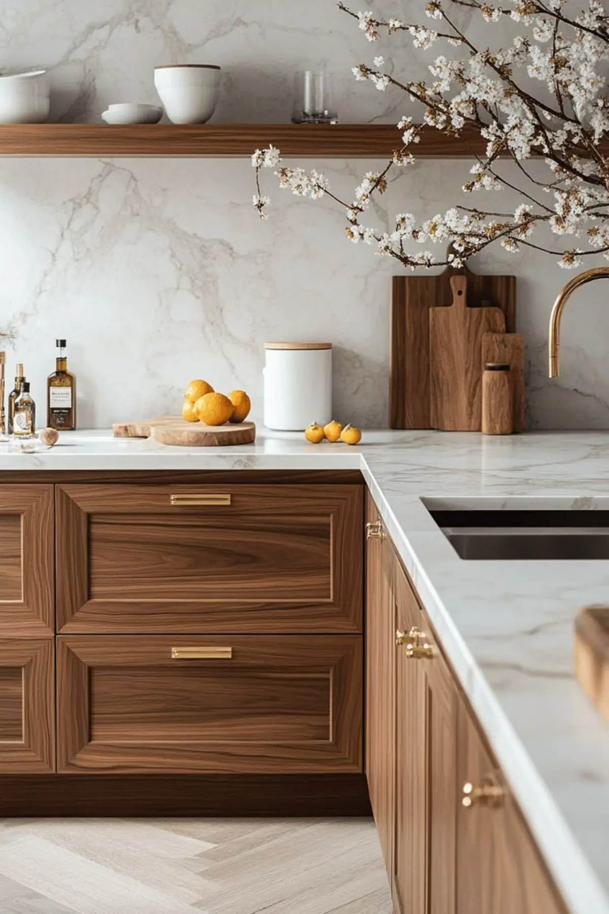 کابینت نئوکلاسیک روکش چوب ملچ قهوه‌ای با دستگیره طلایی و صفحه کابینت سنگی سفید
