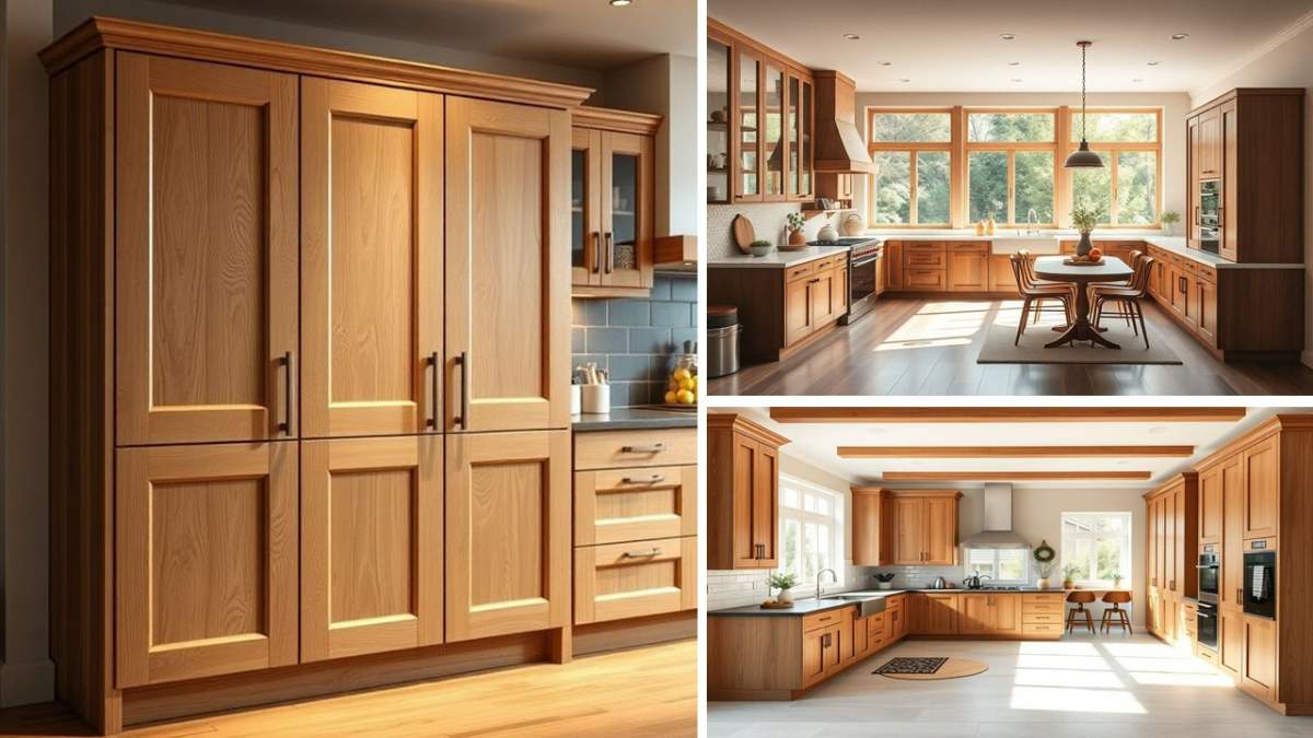 عکس شاخص سه مدل کابینت نئوکلاسیک چوب بلوط به رنگ قهوه‌ای روشن