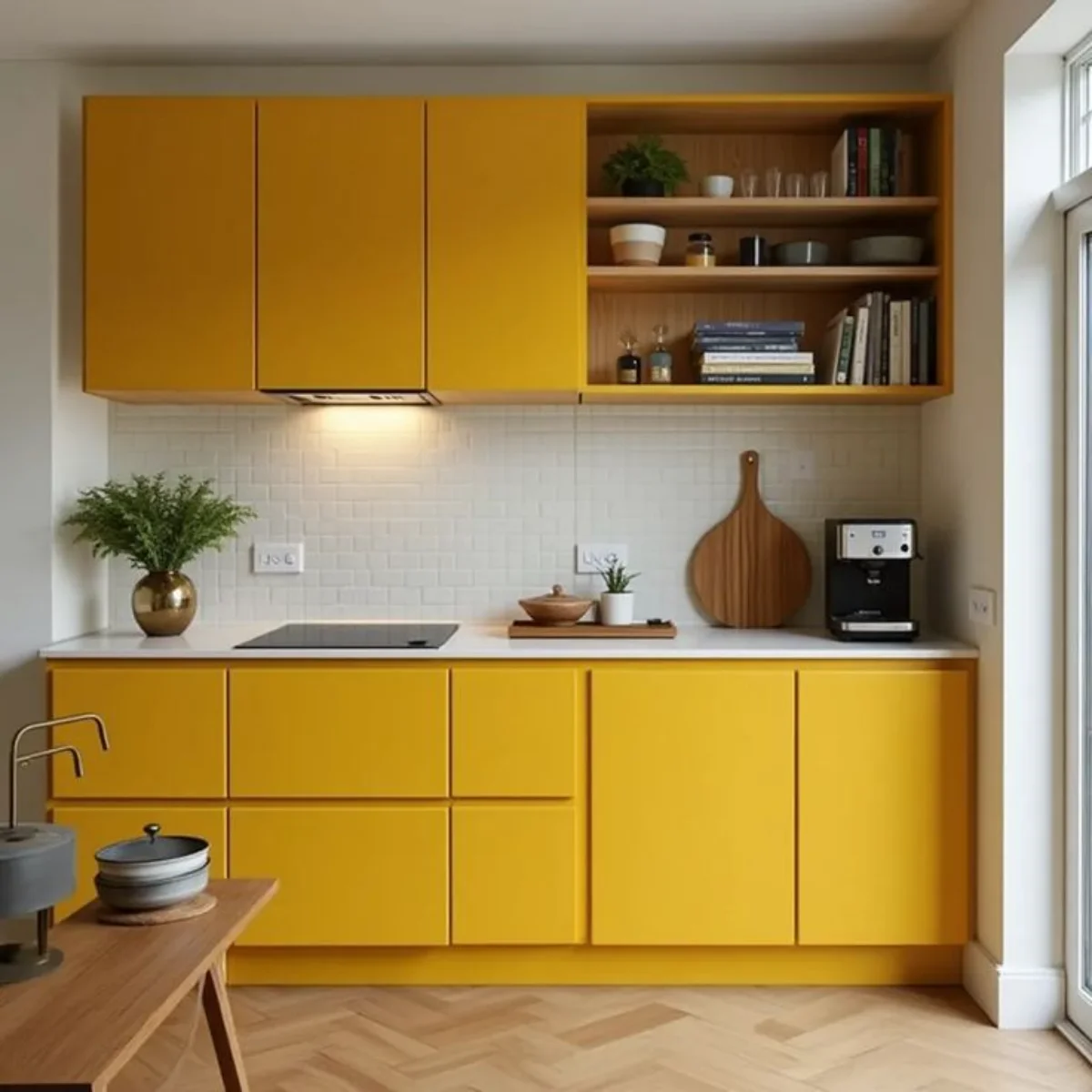 کابینت مدرن زرد با نور پردازی‌های حاشیه دیوار و زیر یونیت‌های بالا
