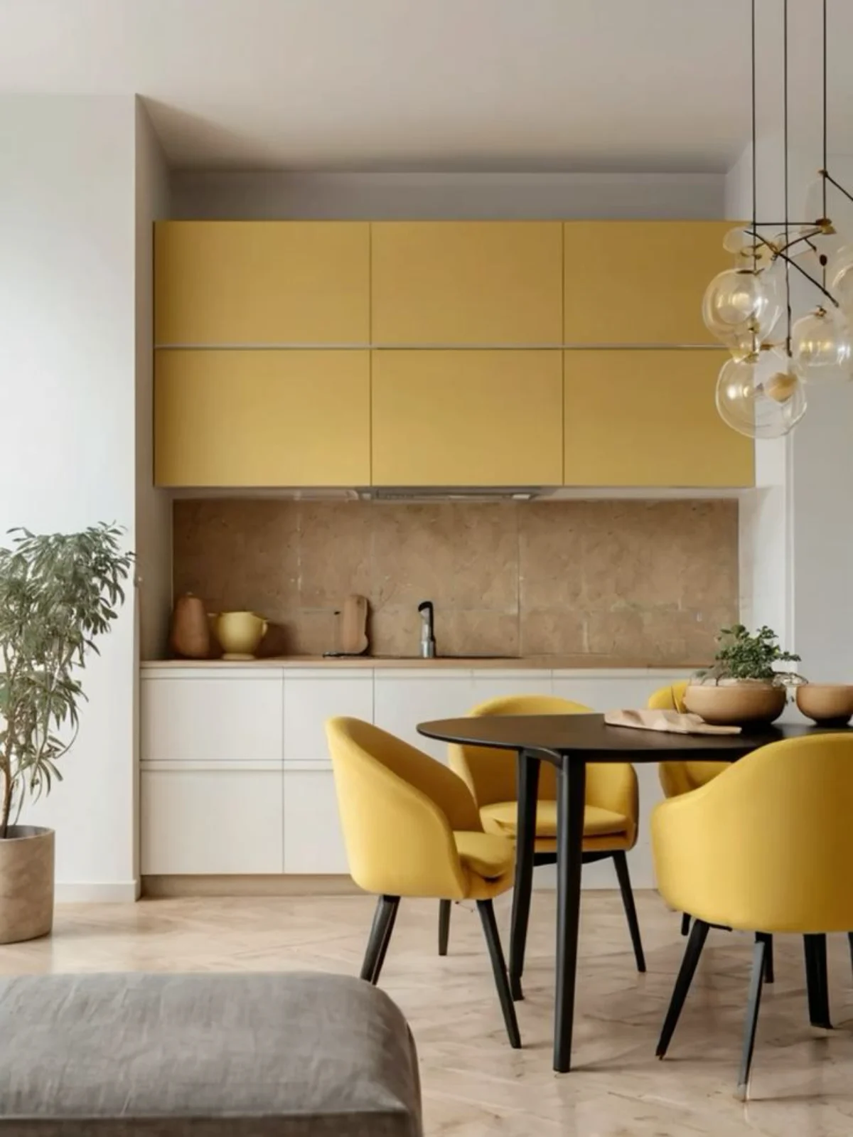 کابینت ام دی اف سفید زرد بدون دستگیره به سبک مدرن