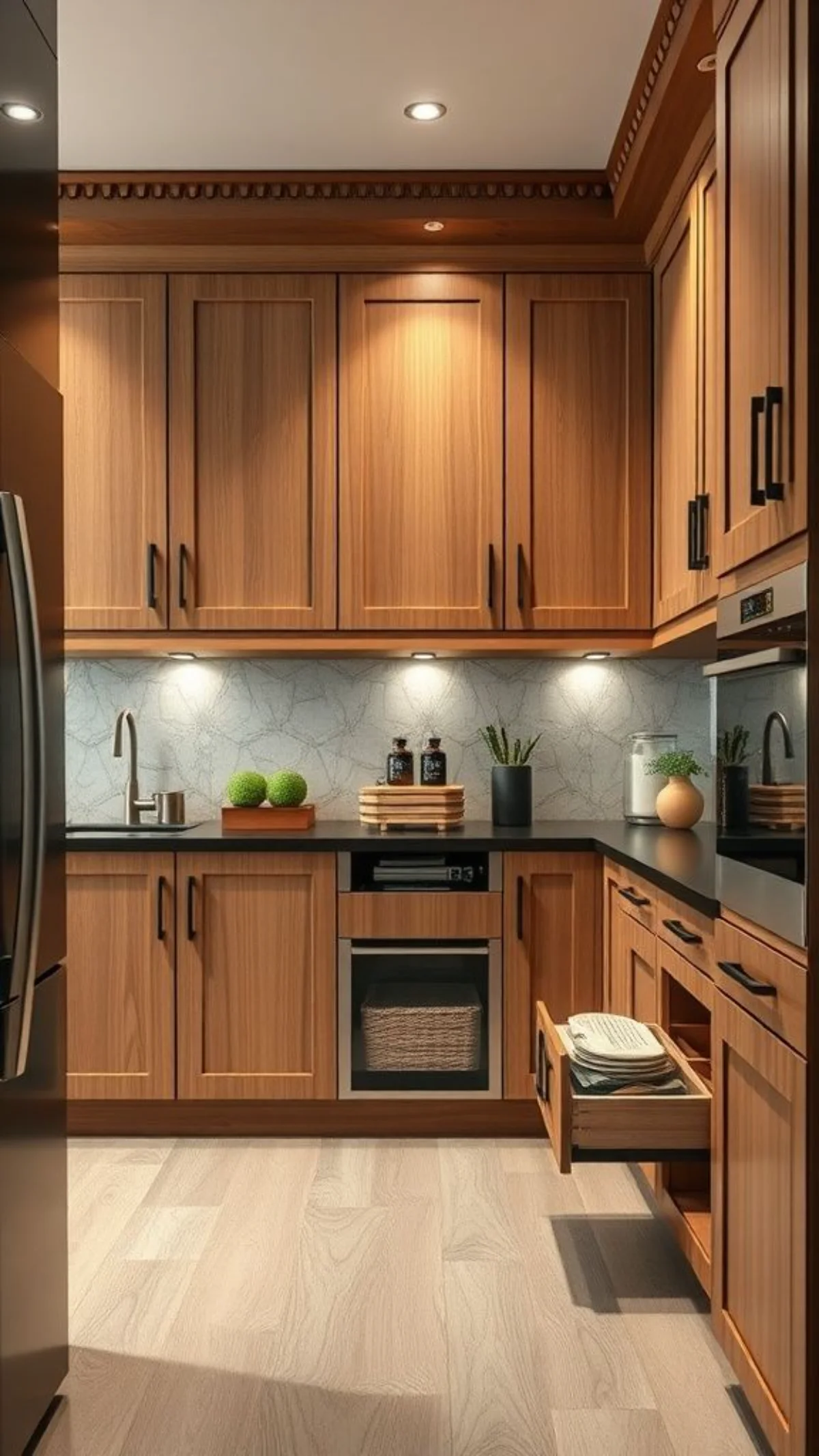 کابینت نئوکلاسیک چوب قهوه‌ای با دستگیره‌های مشکی و گاز و فر توکار مشکی و نور پردازی مخفی زیر کابینت و کشو مخصوص وسایل