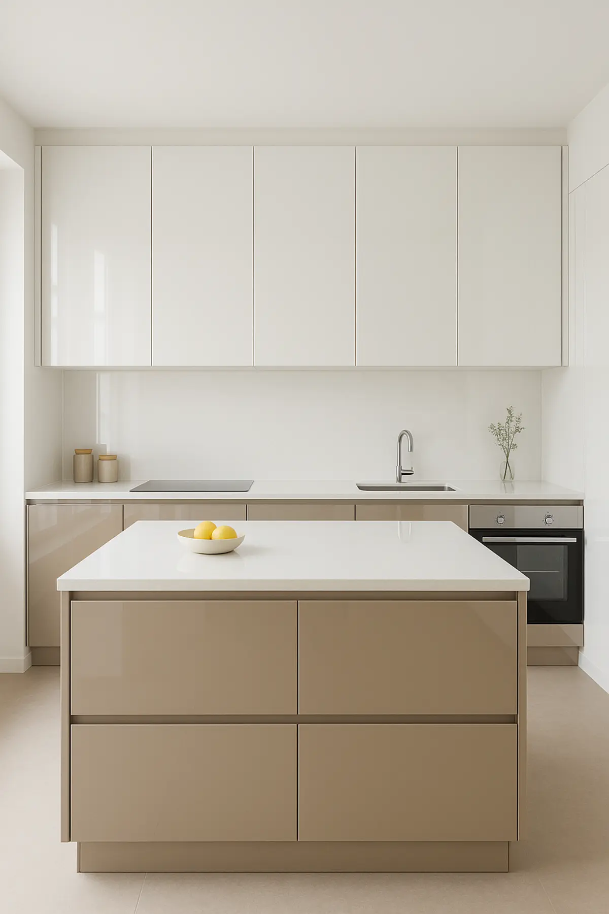 کابینت هایگلاس براق سفید با جزیره کرم مات و صفحه کابینت سفید