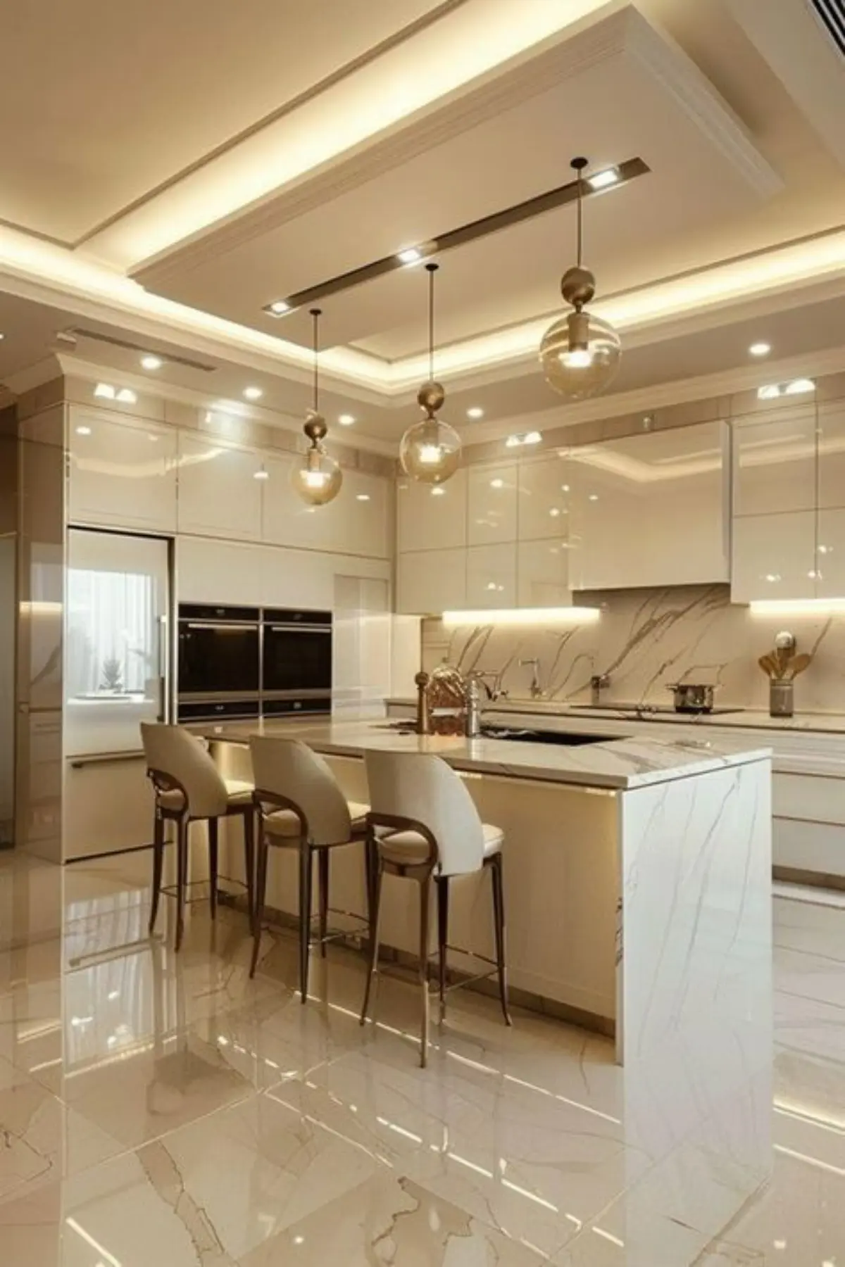 کابینت هایگلاس کرم با جزیره سفید