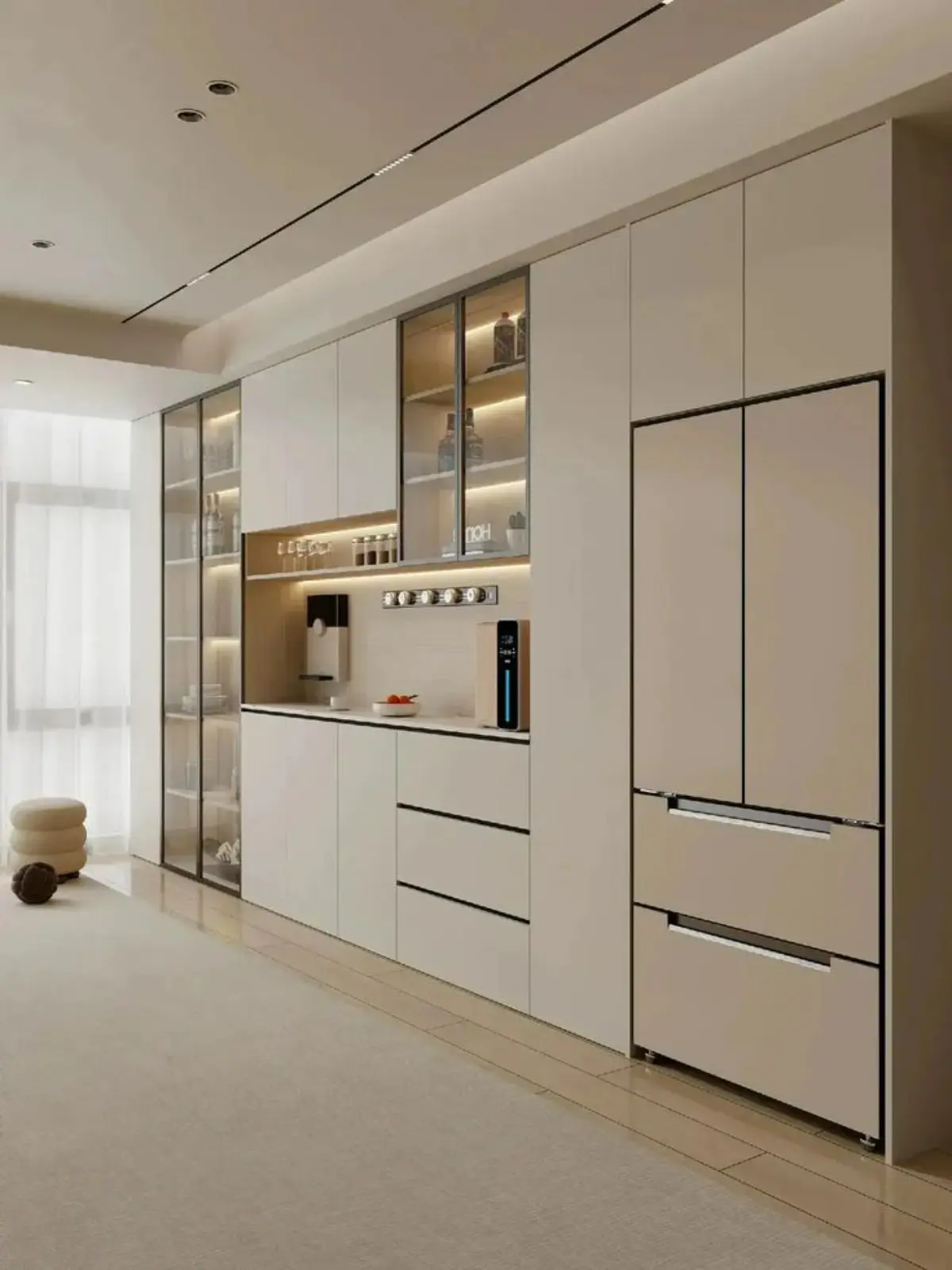 کابینت سفید کرم مدرن بدون دستگیره با سطح مات و درب ویترینی