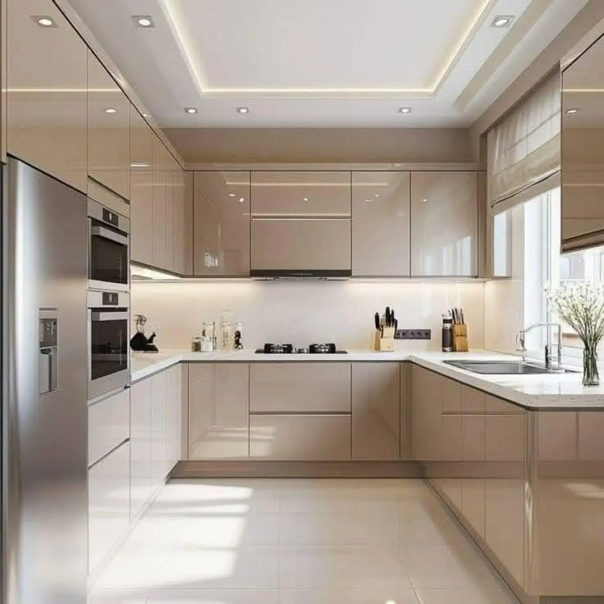 کابینت هایگلاس کرم با صفحه کابینت سفید
