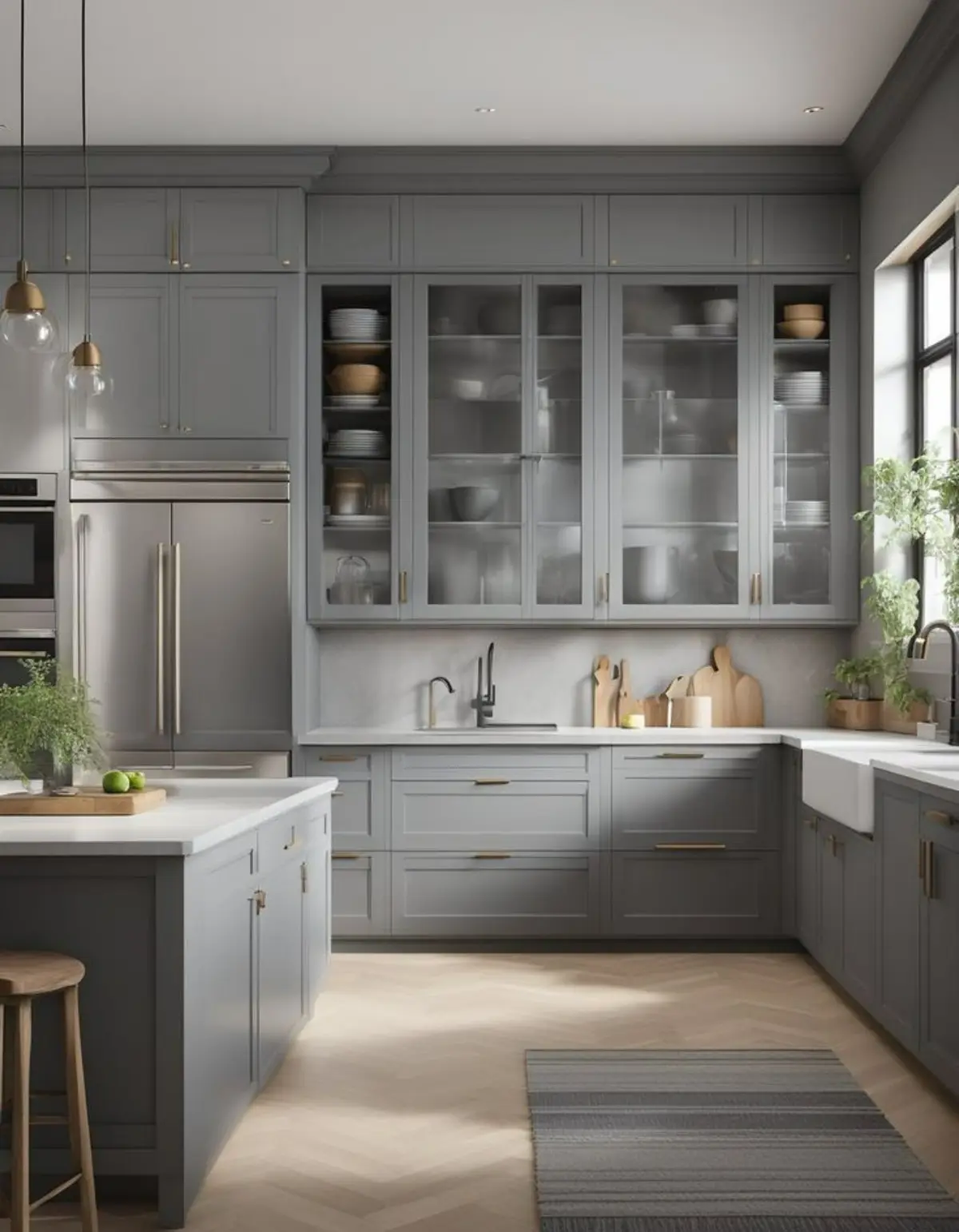 درب کابینت پلی اورتان نئوکلاسیک زوسی با دستگیره طلایی و درب ویترینی