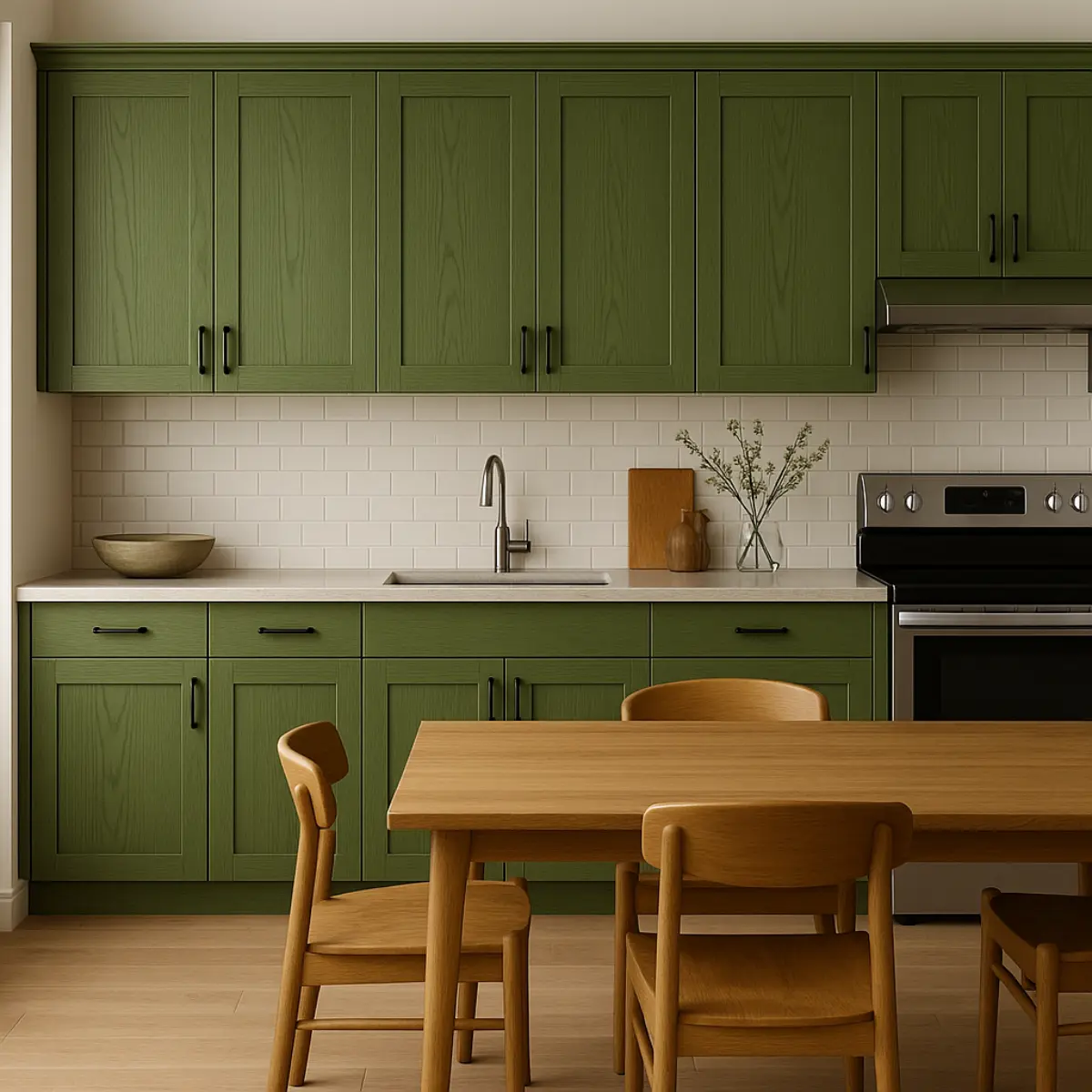کابینت نئوکلاسیک روکش چوب سبز با دستگیره مشکی و صفحه کابینت سفید