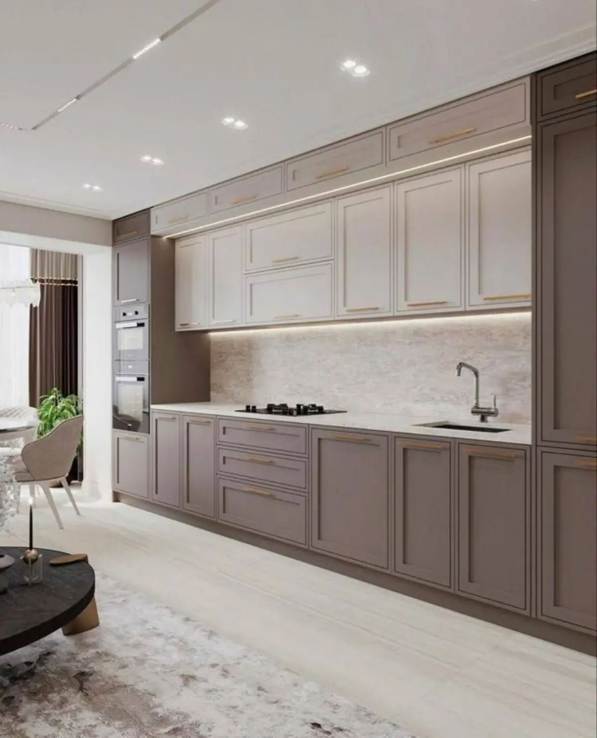 درب کابینت پلی اورتان نئوکلاسیک به رنگ کرم قهوه‌ای با دستگیره طلایی