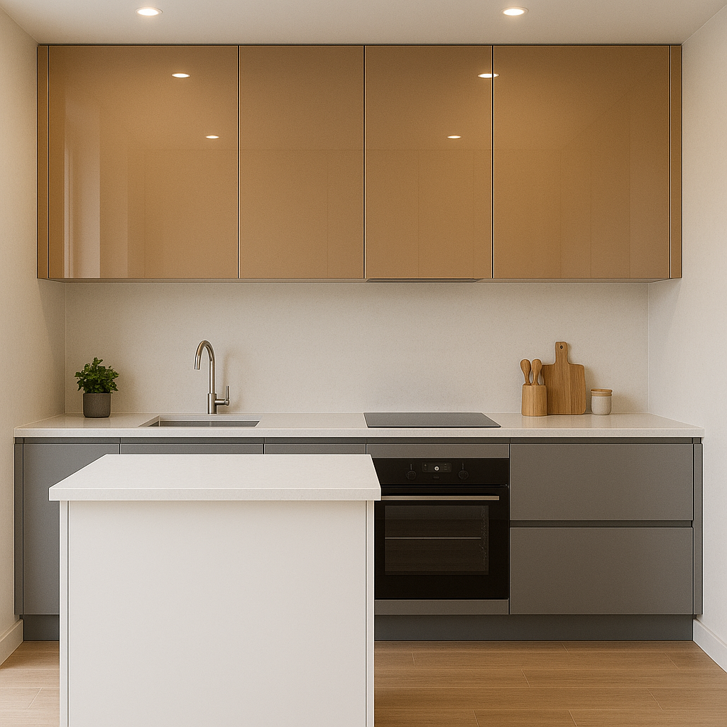کابینت های گلاس دو رنگ نسکافه ای طوسی با جزیره سفید با نورپردازی