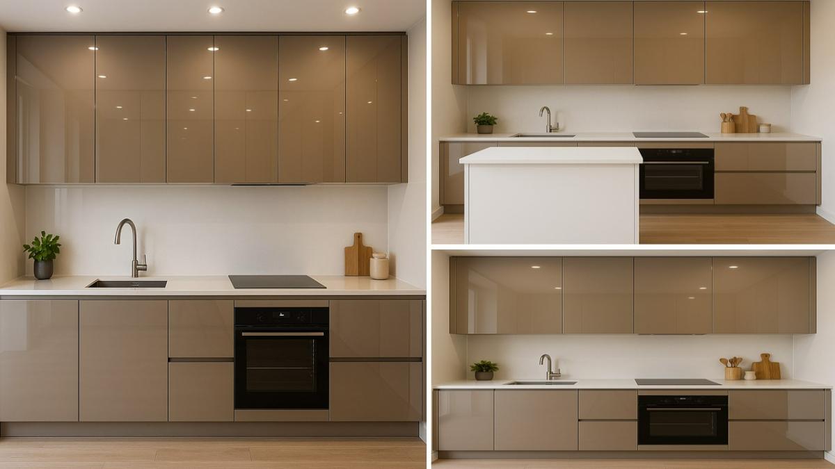 عکس شاخص سه مدل کابینت هایگلاس سفید نسکافه‌ای مدرن بدون دستگیره