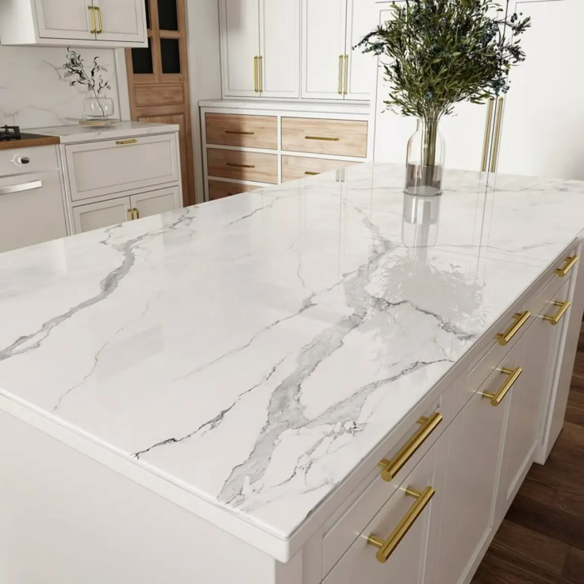 صفحه کابینت ang سنگ سفید طوسی برای کابینت نئوکلاسیک سفید با دستگیره طلایی