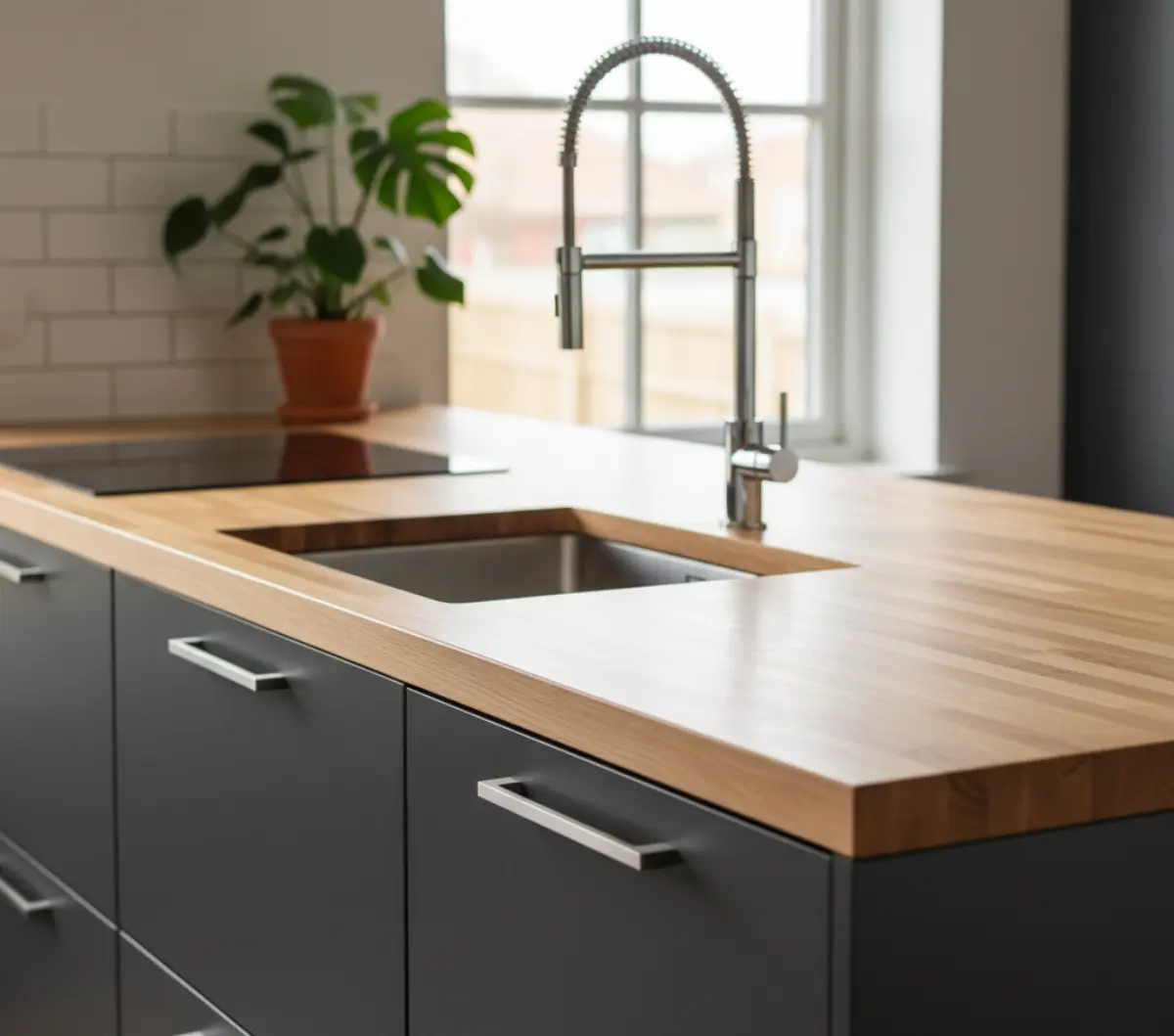 صفحه کابینت فینگر جوینت چوبی با کابینت مدرن طوسی و دستگیره استیل
