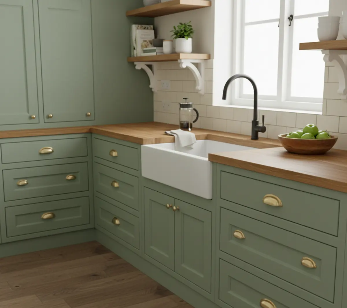 صفحه کابینت چوبی فینگر جوینت با کابینت نئوکلاسیک سبز