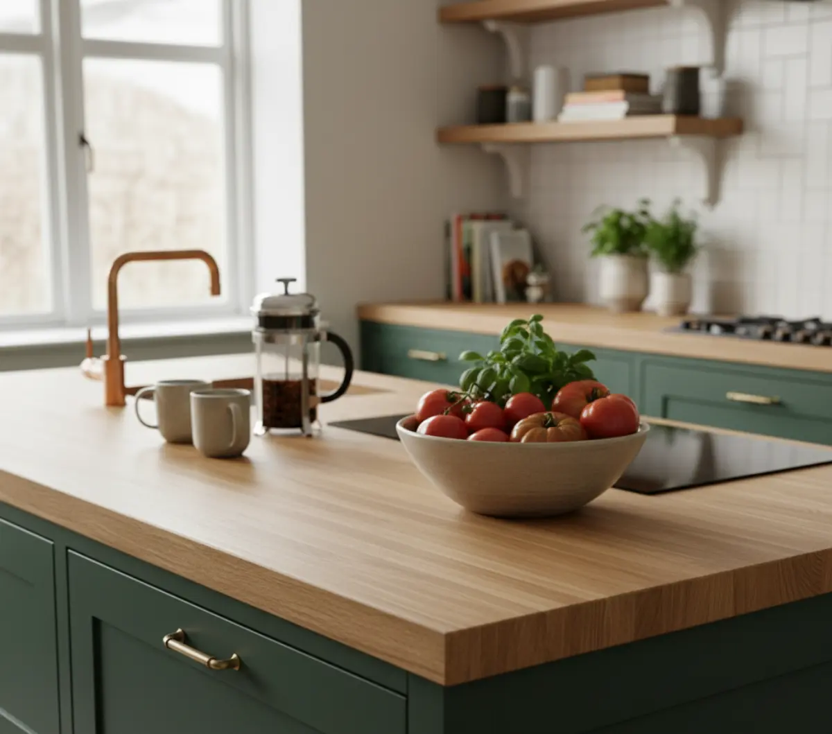 صفحه کابینت جوینت فینگر برای کابینت نئوکلاسیک سبز با دستگیره طلایی
