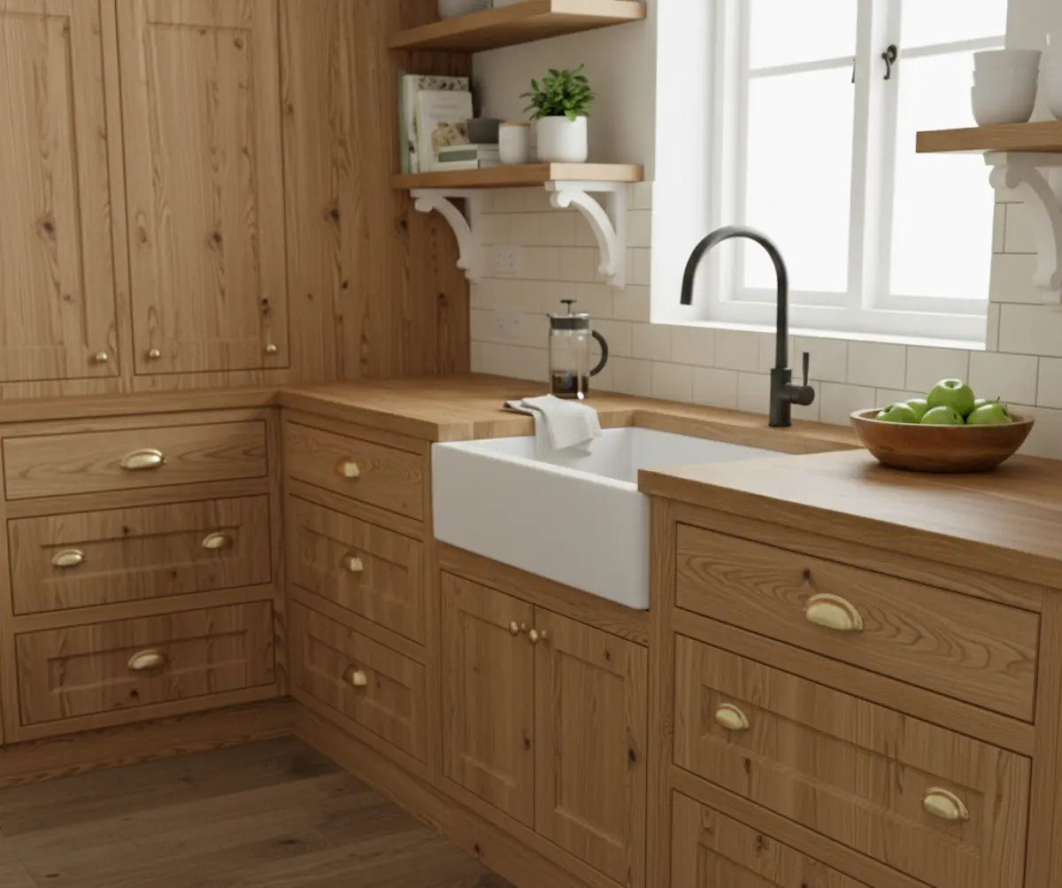 صفحه کابینت چوبی فینگر جوینت برای کابینت نئوکلاسیک چوبی با دستگیره طلایی