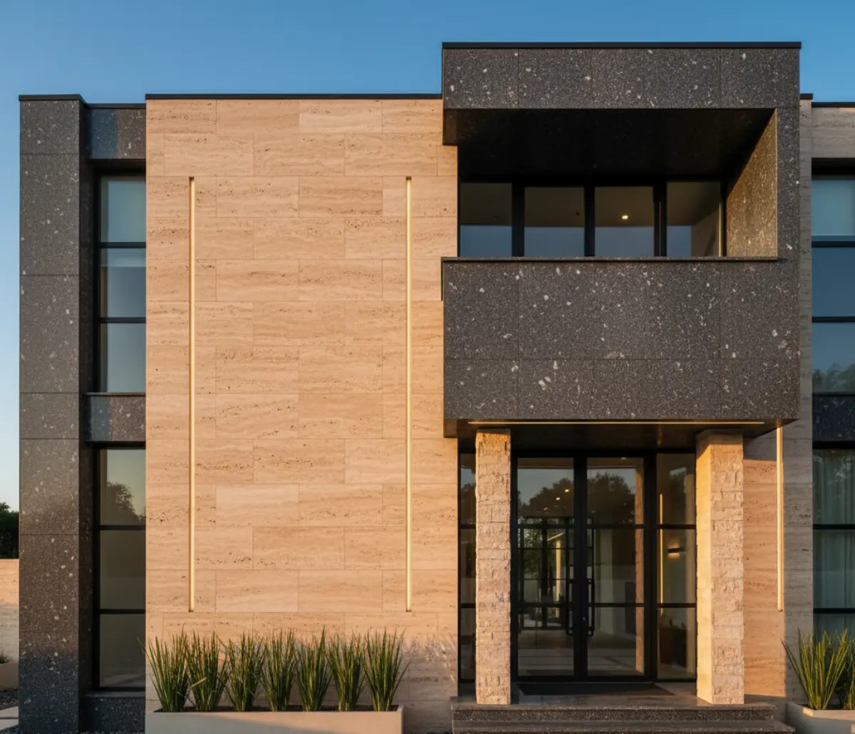 نمای ساختمان با سنگ تراورتن و گرانیت