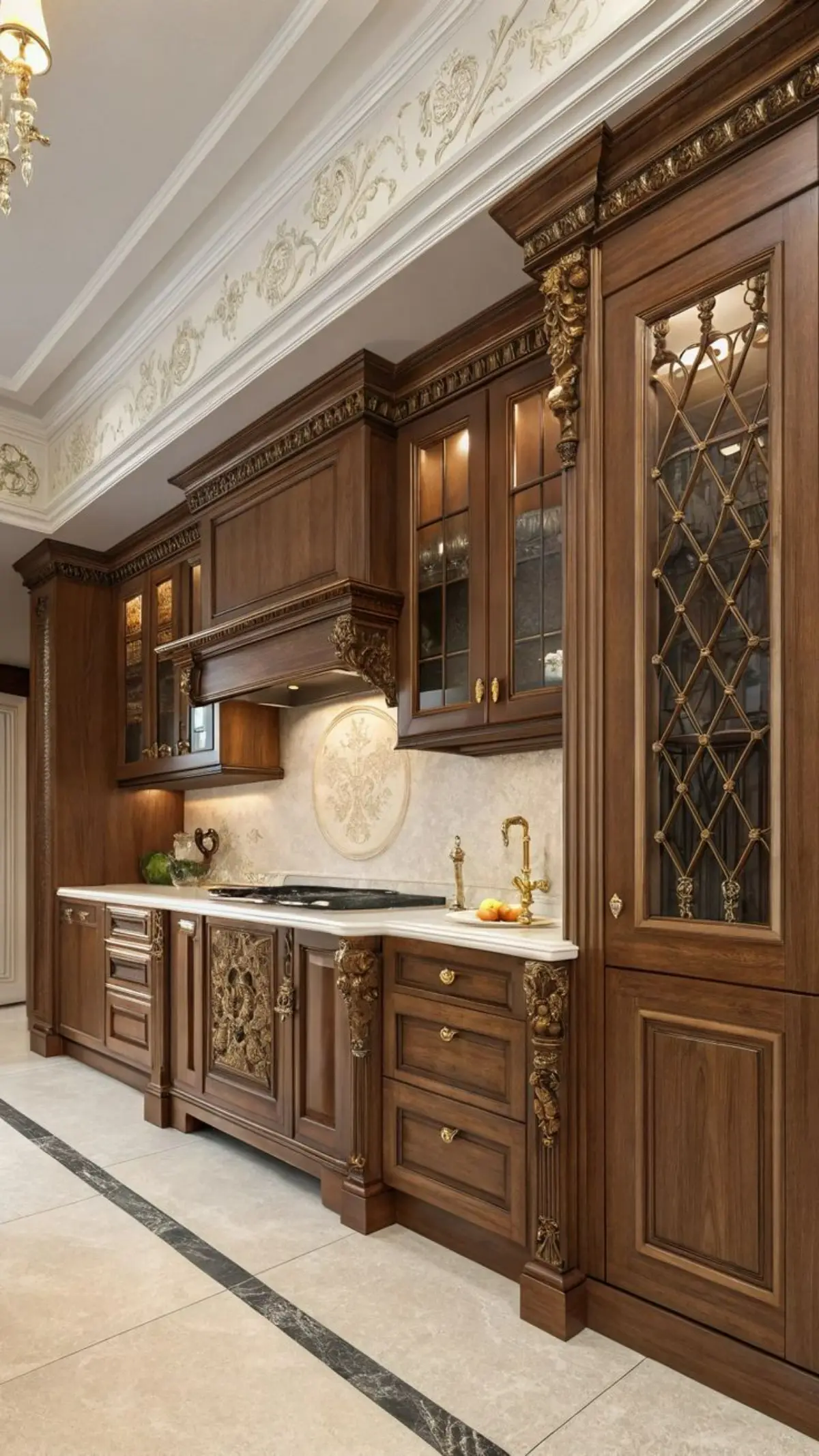 کابینت سبک کلاسیک قهوه‌ای با تاج و منبت‌کاری طلایی