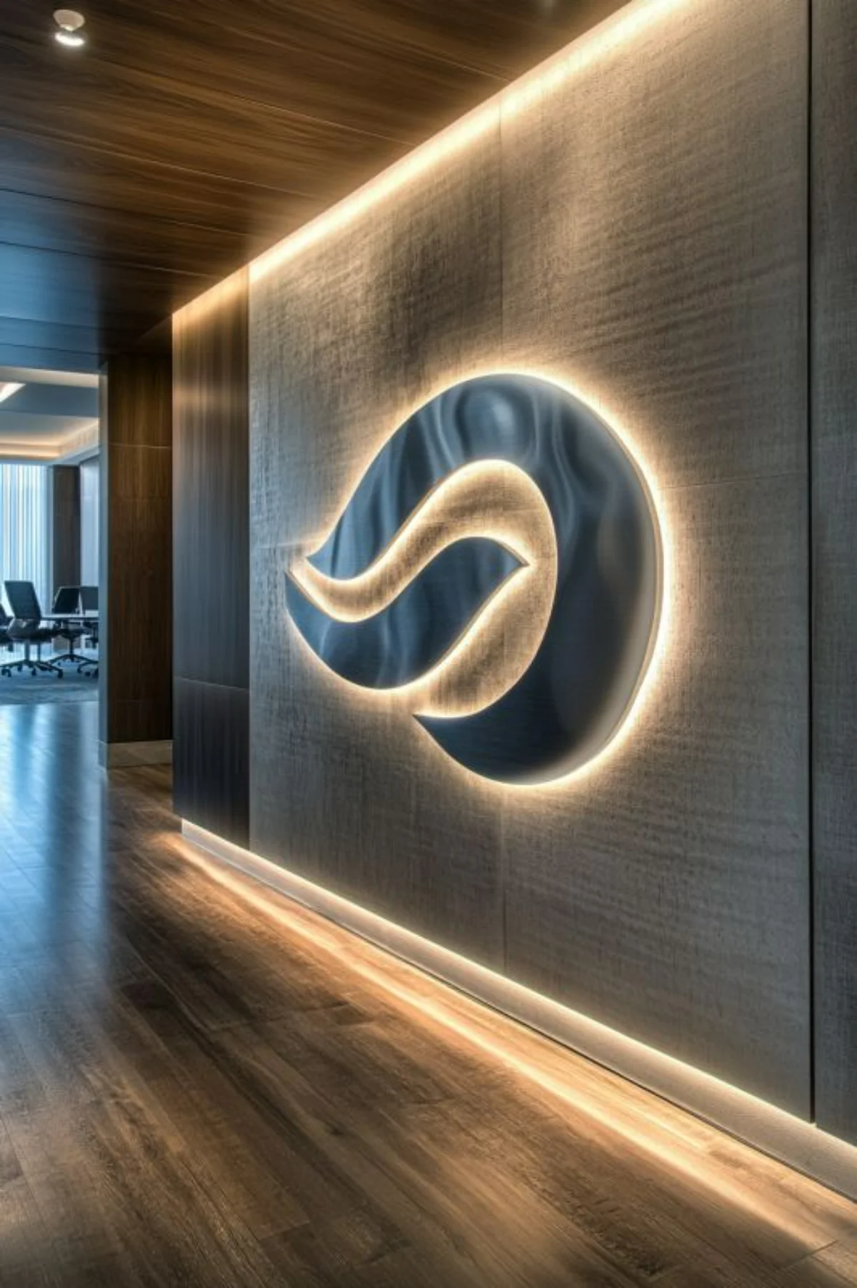نمایش لوگو شرکت در دیوار دکوراسیون لابی اداری