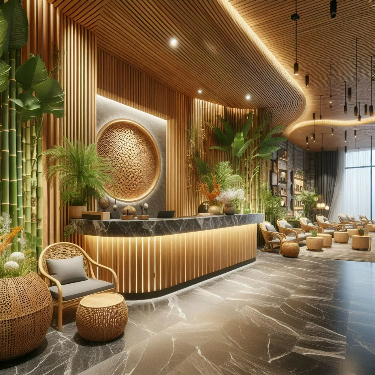 لابی نئوکلاسیک اداری با صندلی چوبی نئوکلاسیک، کفپوش سرامیکی مشکی و میز چوبی با نورپردازی