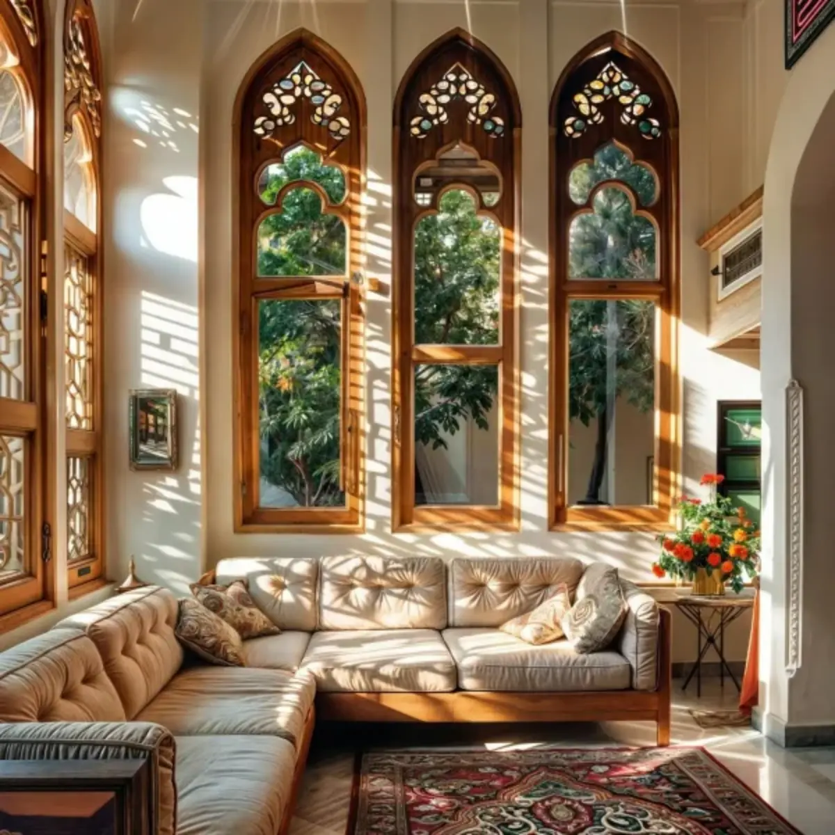 بازسازی نشیمن خانه سنتی با پنجره چوبی و مبل کرم