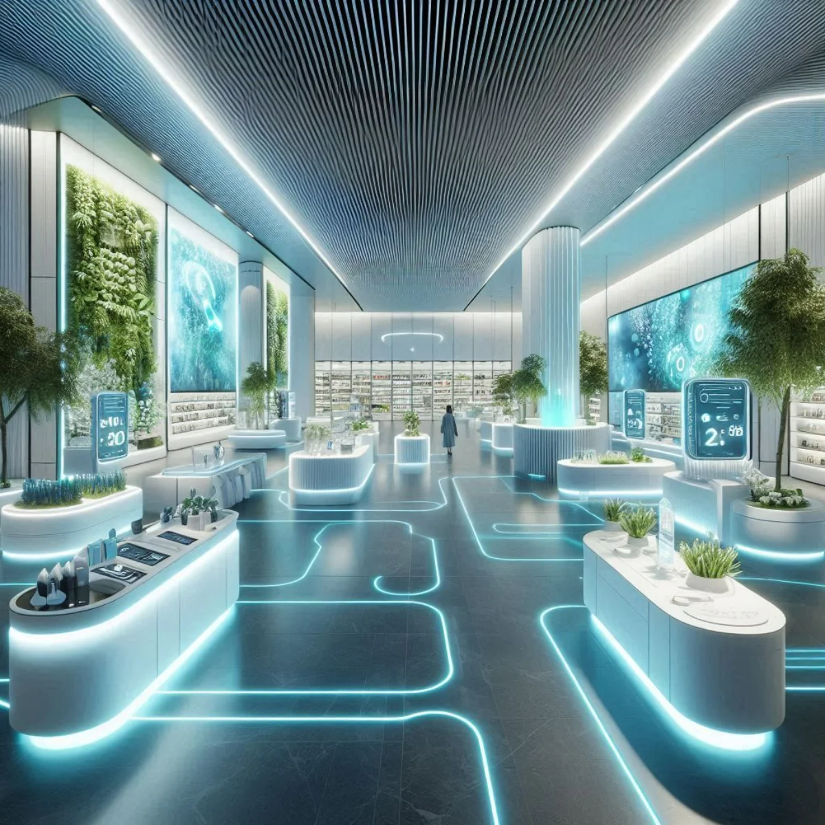 لابی اداری استارتاپ با نورهای ال ای دی آبی روی زمین و دور میزها