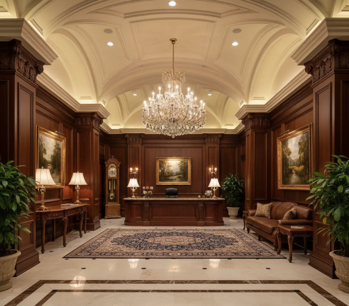 دکور لابی اداری کلاسیک با میز و دیوار چوبی منبت‌کاری شده، کفپوش سرامیکی و فرش دستبافت