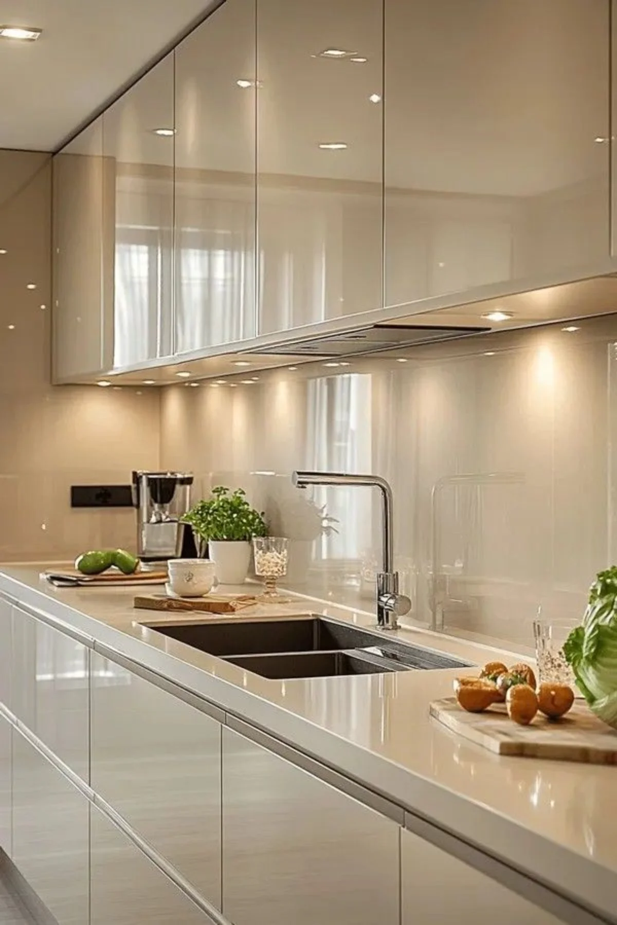 کابینت هایگلاس شیری با نور پردازی زیر یونیت‌های دیواری و کشو در یونیت‌های زمینی و شیرآلات نقره‌ای 
