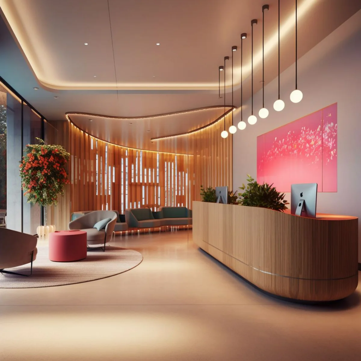 دکوراسیون لابی اداری کوچک ب رنگ‌های روشن و میز چوبی