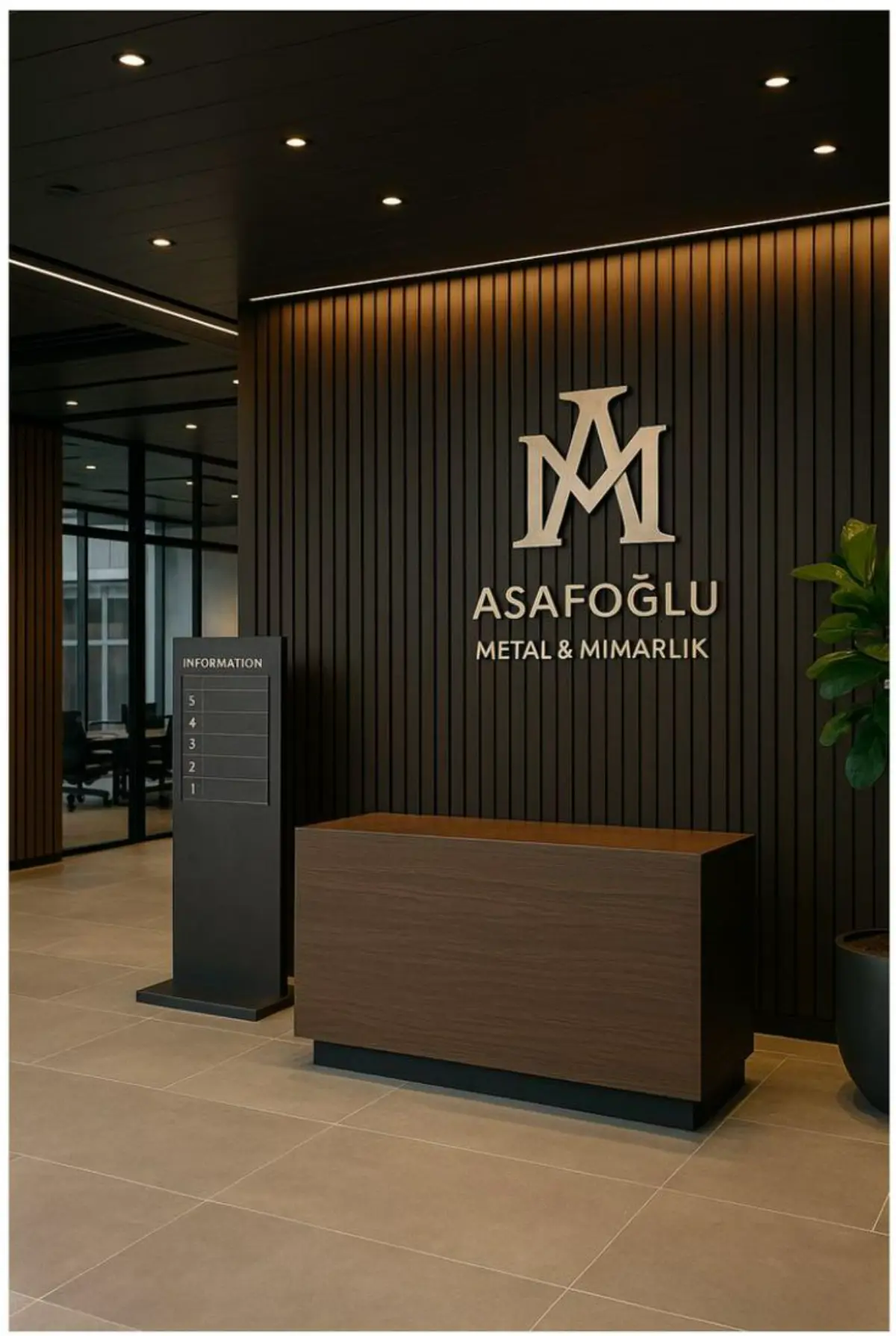 پذیرش لابی با میز چوبی قهوه‌ای و دیوار چوبی با لوگوی برند